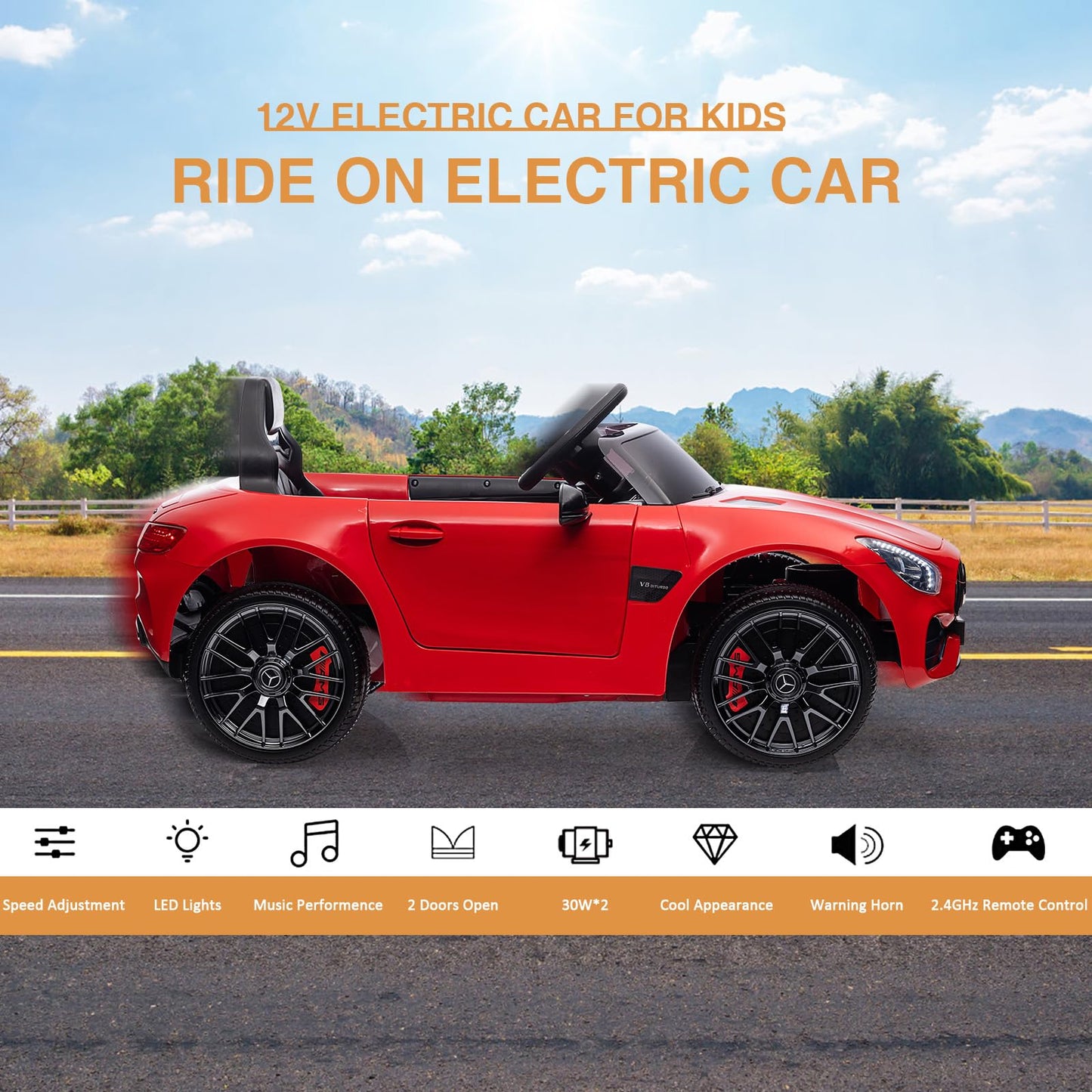 Garvee Ride Car for Kids, 12V Power Battery Electric Vehicles for 3-7 Toddlers, Licensed Mercedes-Benz with Remote Control, MP3 Player - Red