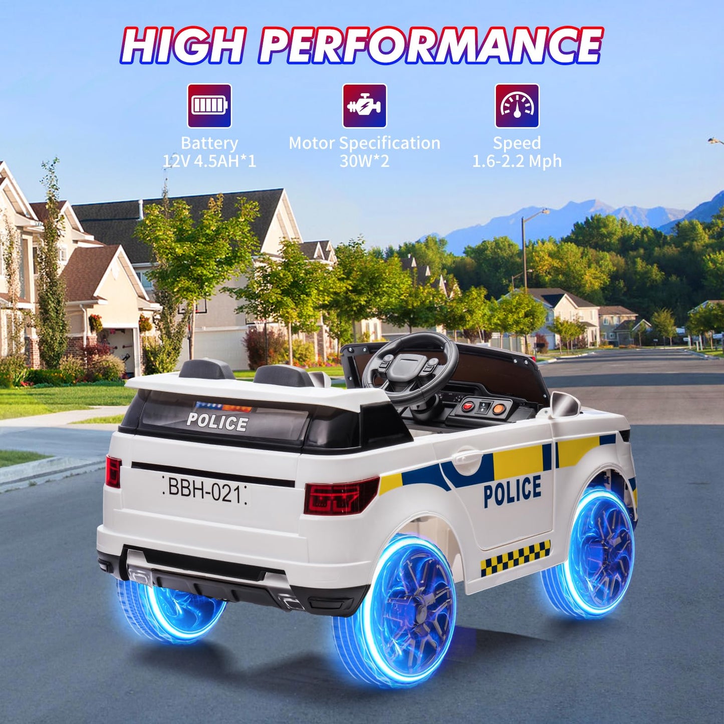 Garvee Ride - P Series: 12V Kids Ride On Police Car SUV Battery Operated Ride On Toy Toddlers Electric Cars with 2.4G Remote Control, LED Flashing Light, Megaphone, Spring Suspension, Handle, Music, White