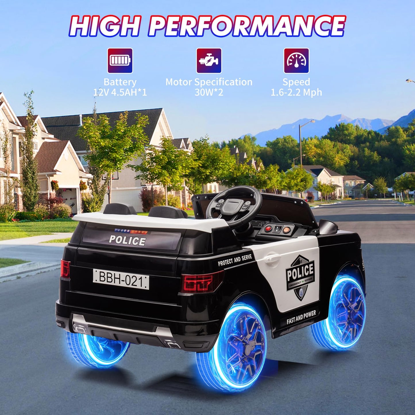 Garvee Ride - P Series: 12V Kids Ride On Police Car Suv Battery Operated Ride On Toy Toddlers Electric Cars With 2.4G Remote Control, LED Flashing Light, Megaphone, Spring Suspension, Handle, Music, Black