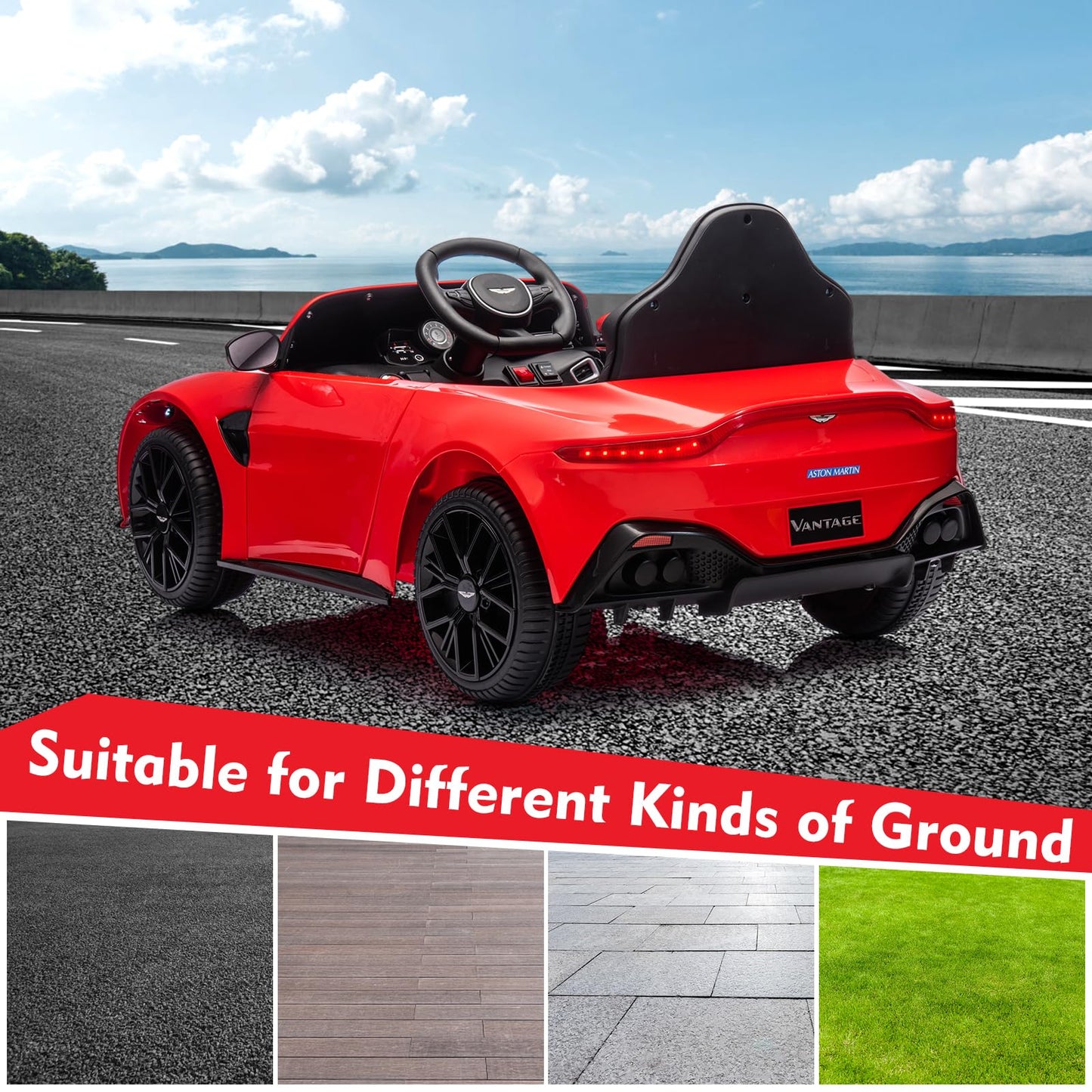 Garvee Ride - P Series: 12V Ride on Sports Car for Kids Licensed Aston Martin Battery Powered Car Toddles Ride on Toy with Remote Control, Horn, Soft Start, LED Lights, Music, USB, Electric Vehicle for Boys Girls (Red)