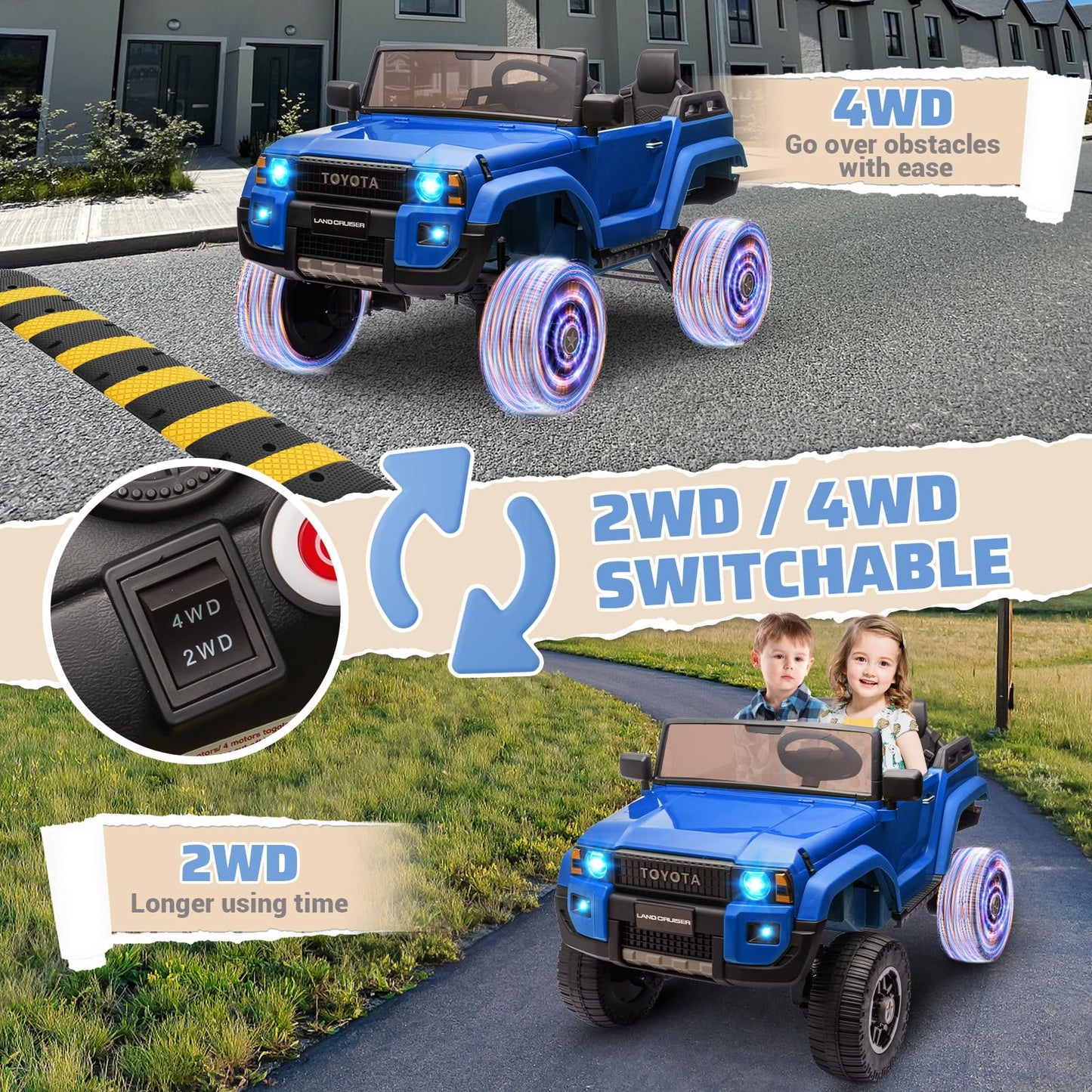 Garvee Ride P Series 24V 2 Seater Ride on Car, Garvee Licensed Toyota LC250 Ride on Toy for Big Kids with Remote Control, 4×100W Power 4 Wheels Ride on Truck with 4WD/2WD Switchable, Spring Suspension, Shovel, Music, Blue