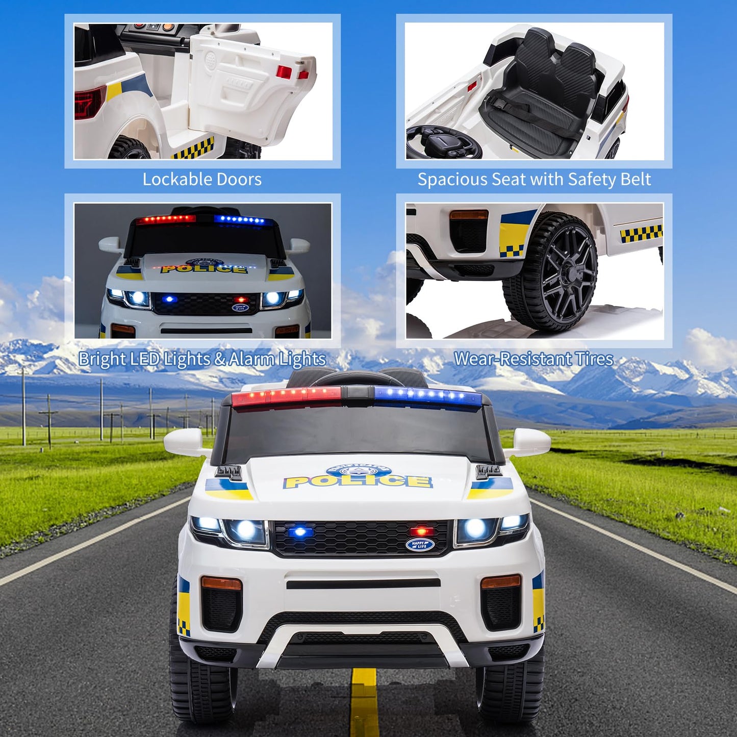 Garvee Ride - P Series: 12V Kids Ride On Police Car SUV Battery Operated Ride On Toy Toddlers Electric Cars with 2.4G Remote Control, LED Flashing Light, Megaphone, Spring Suspension, Handle, Music, White