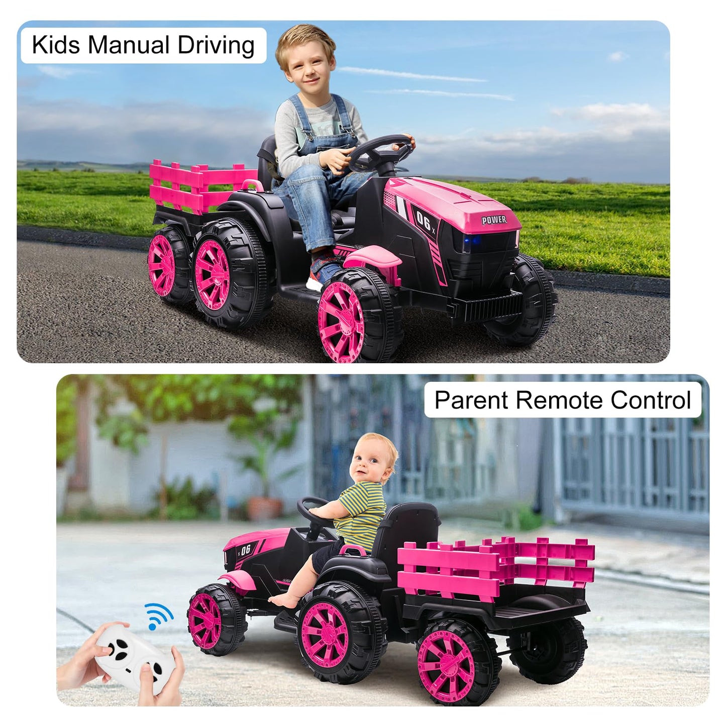 Garvee Ride - P Series: 12V Kids Ride On Tractor with Trailer, LED Lights for Boy Girl - Pink