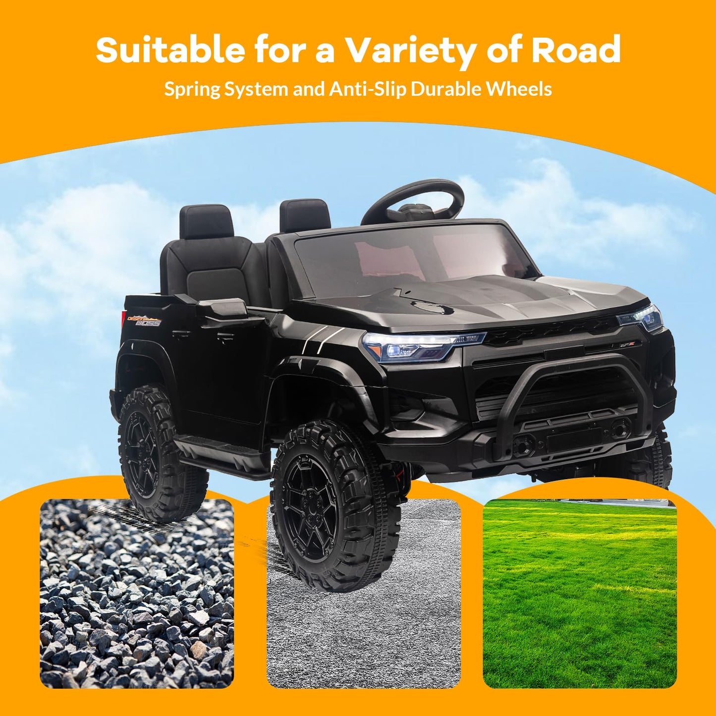 Garvee Ride - P Series: 2 Seater Truck Car Toys, Ride on Car Electric Vehicles w/Remote Control, 24V Battery, Dual Drive, LED Lights, Bluetooth, MP3, Battery Powered Electric Cars for Kids, Black