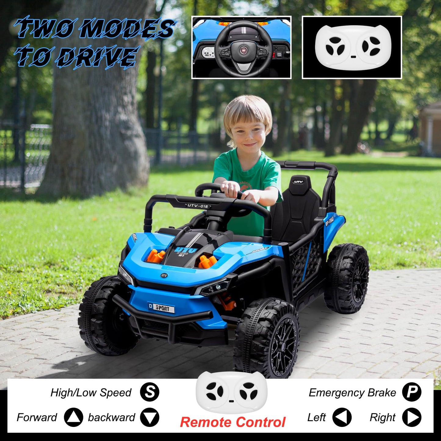 Garvee Ride - P Series: 12V Electric UTV Car with Remote Control, Ride on Truck with Toy Storage, Spring Suspension, LED Headlights, Ride Cars w/4 Wheels, Ride on Toys for Boys Girls, Blue