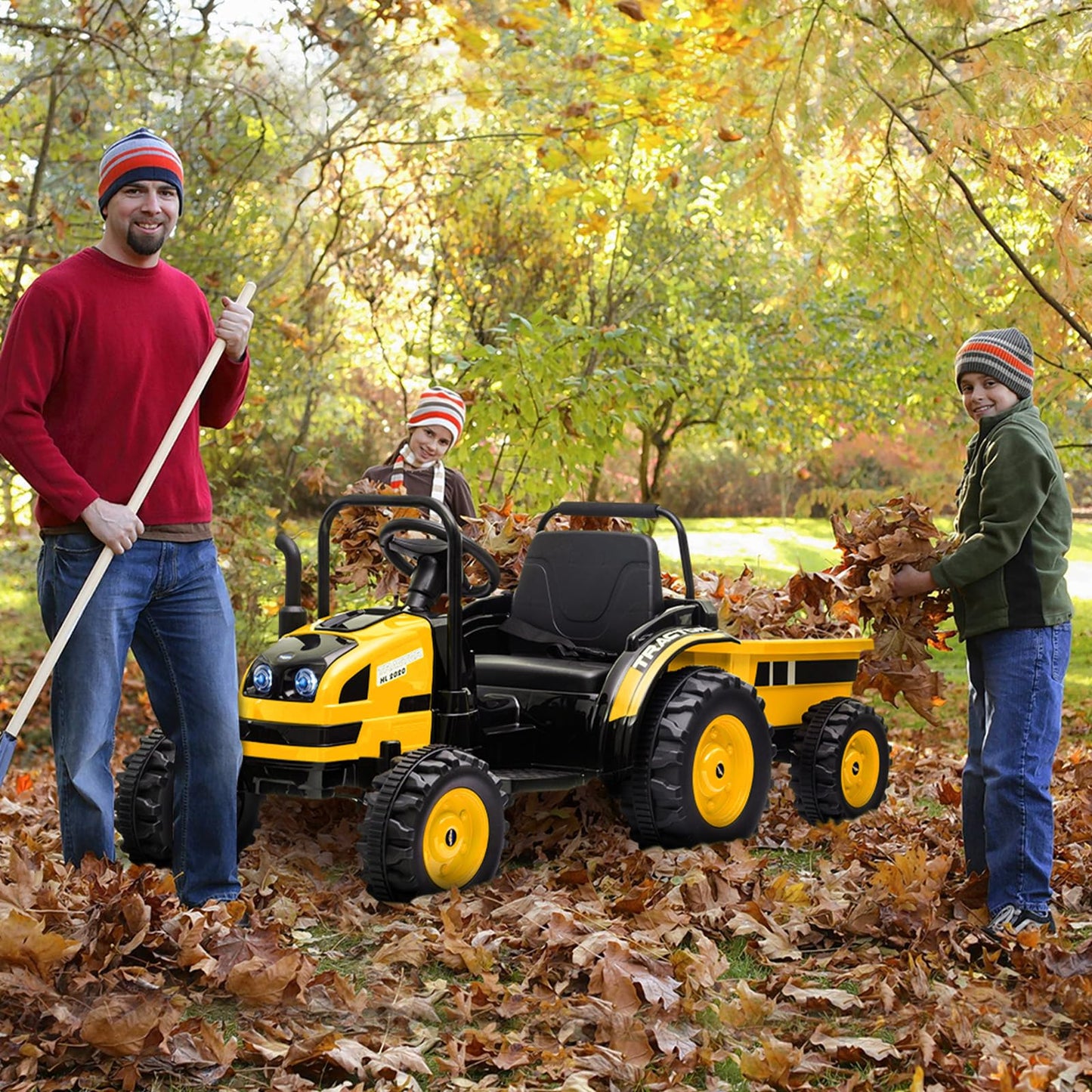Garvee Ride - P Series: 12V Electric Ride-On Tractor for Kids with Trailer, Remote Control, Music, LED Lights, and Rear Wheel Suspension - Battery Powered Toy Vehicle - Yellow