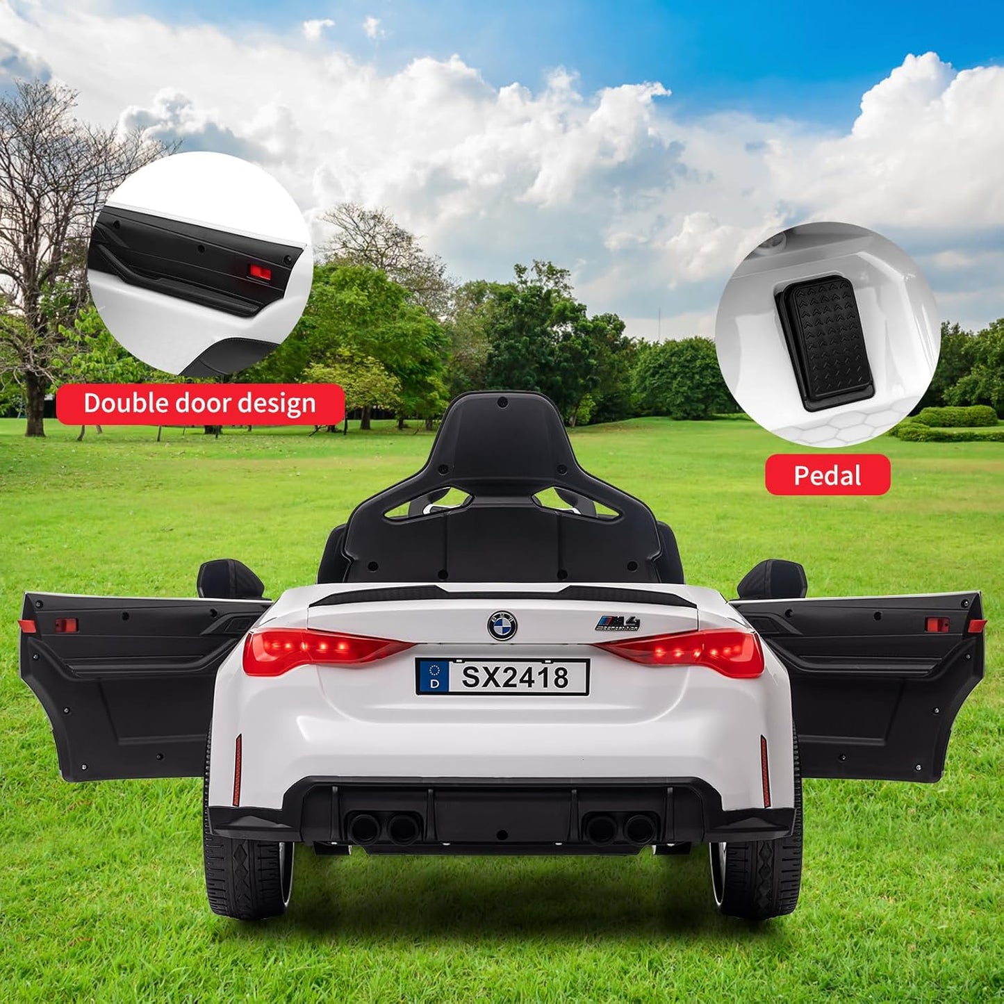 Garvee Ride - P Series: 12V Electric Ride On Car for 37-83 Months, w/RC,Licensed by BMW M4,Power Wheels for Boys Girls, with Suspension System,3 Speeds, Bluetooth, MP3, Double Door, LED Light - White