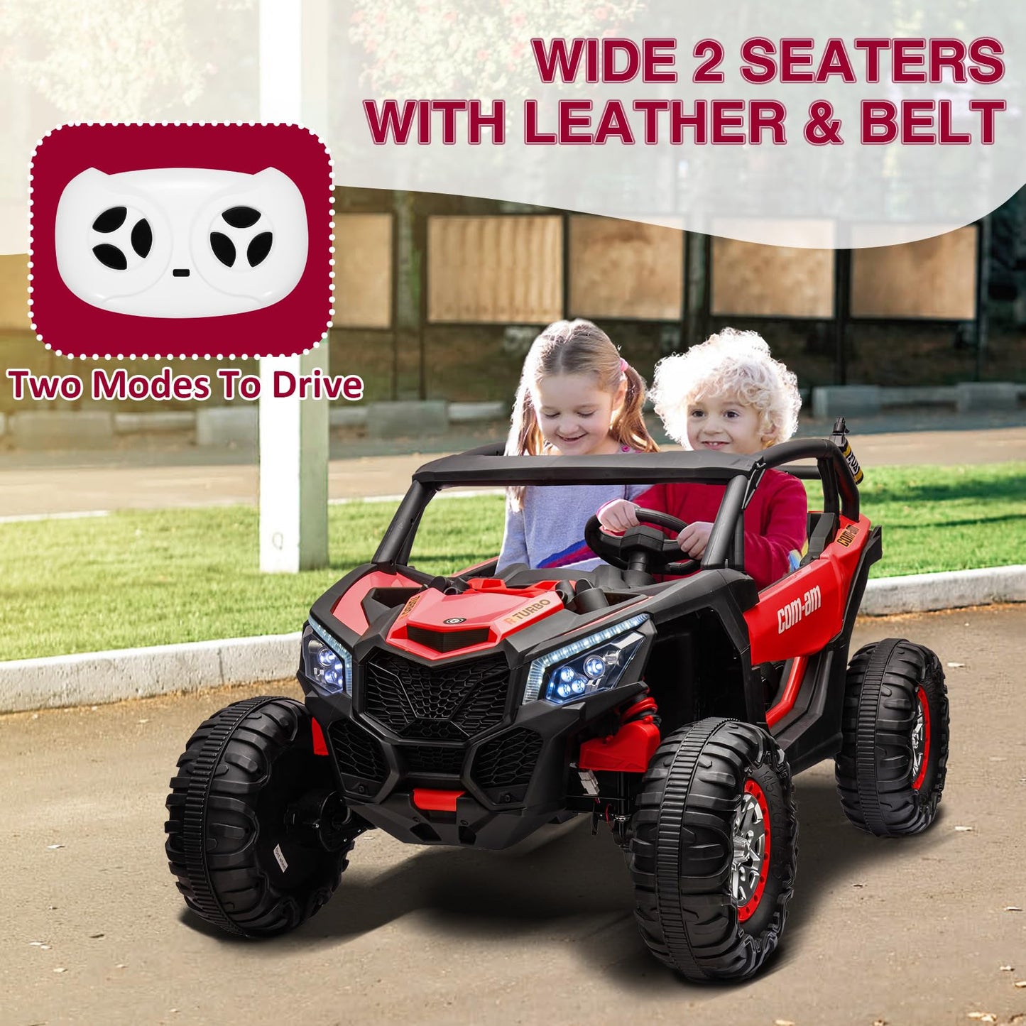 Garvee Ride - P Series: 24V 2 Seater Kids Ride on UTV Car For age 3+, w/Remote Control, 4WD Powerful Electric Vehicle with 4x75W Motors, 4 Shock Absorber, Leather Seat, Music and Light - Red