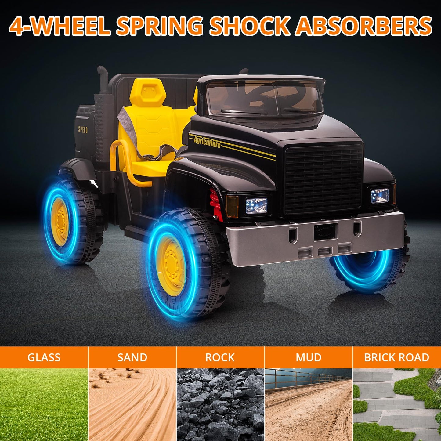 Garvee Ride - P Series: 24V Ride On Truck with Remote Control Electric UTV Vehicles with Dump Bed, 4WD Power 4x200W Motors,4xSpring Suspension, 3 Speeds, 2 Seater Kids Ride On Toys Best Gifts for Kids - Black
