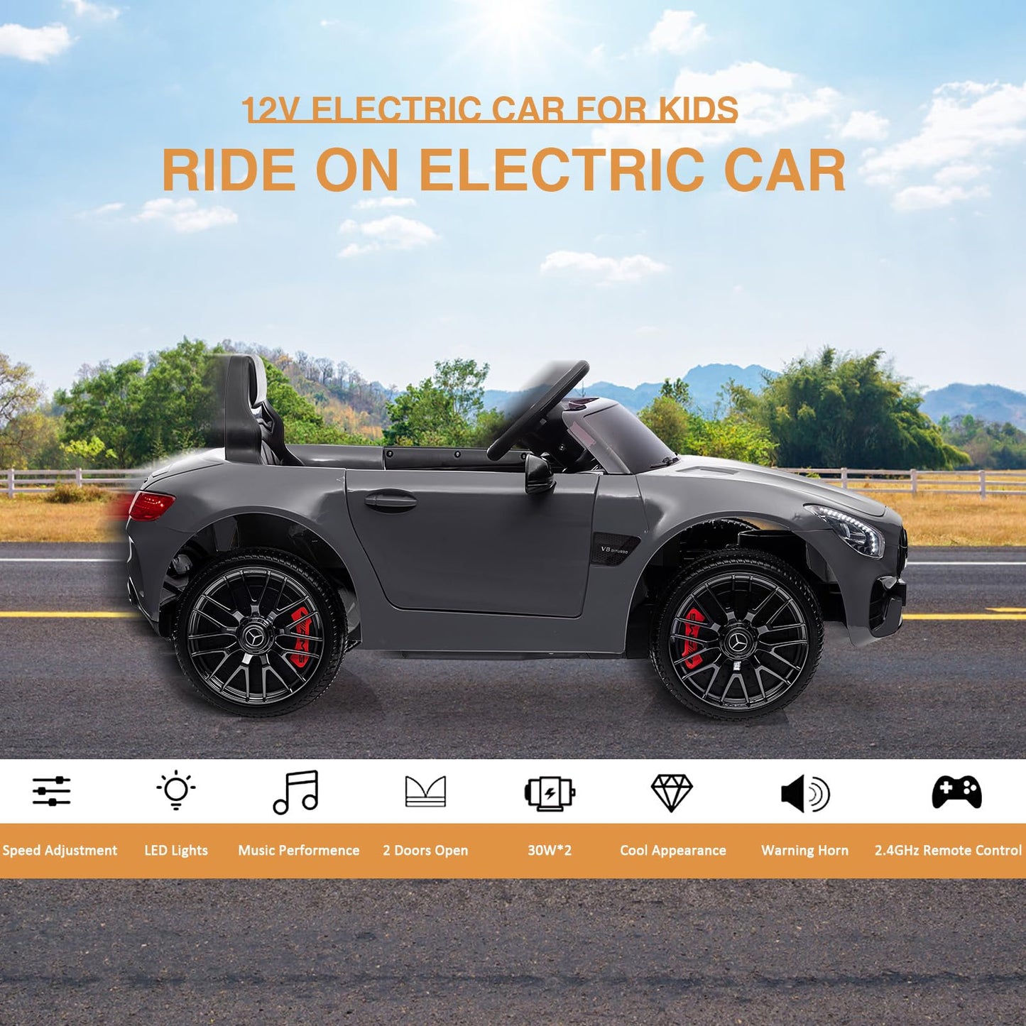 Garvee Ride Car for Kids, 12V Power Battery Electric Vehicles for 3-7 Toddlers, Licensed Mercedes-Benz with Remote Control, MP3 Player - Grey