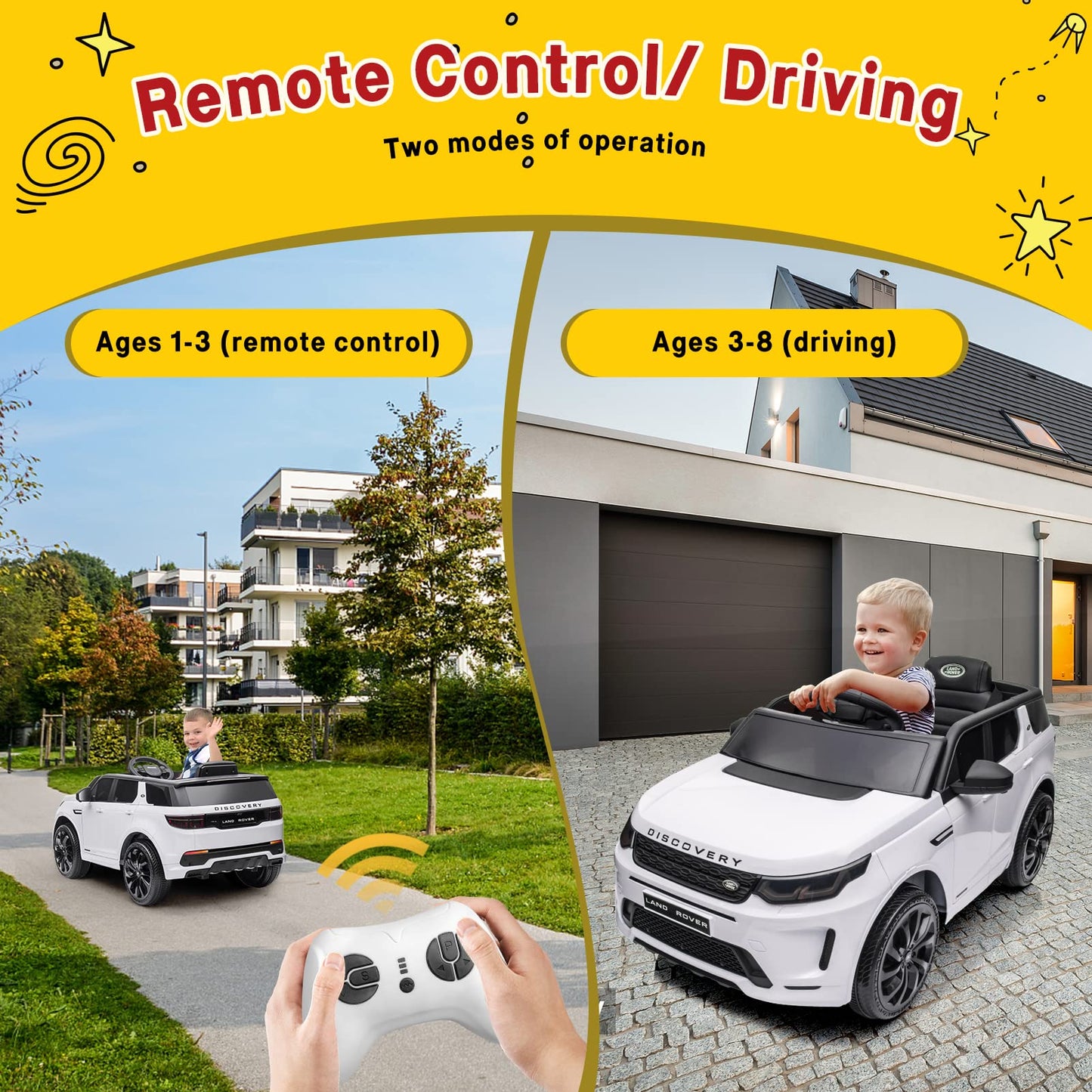 Garvee Ride - P Series: 12V Land Rover mini Kids Ride-On Car: Remote Control, LED Lights, Bluetooth, Music, Radio, Battery Powered, for Ages 3-8 - White