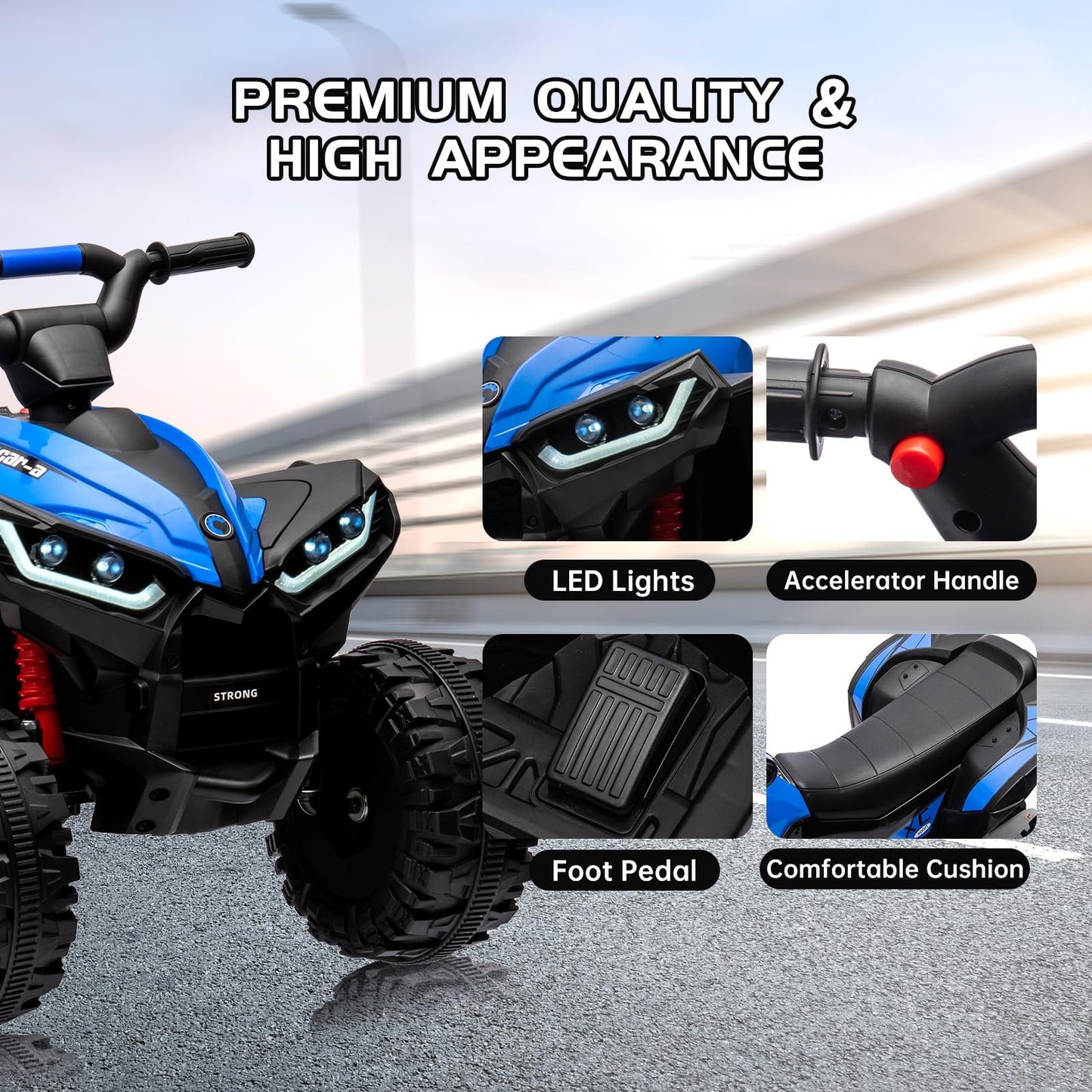 Garvee Ride - P Series: 12V Kids Quad ATV 4 Wheeler with Music, LED Lights for Boys & Girls - Blue