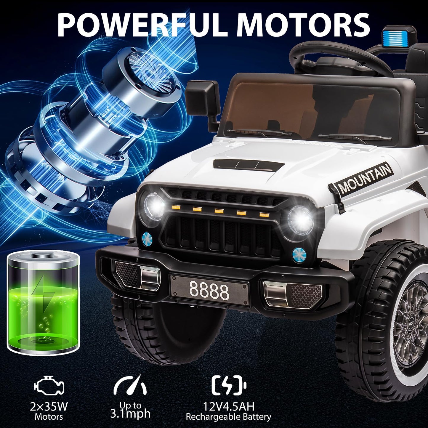 Garvee Ride - P Series: 12V Kids Ride-On Truck For Age 3+, Remote Control, LED, Music, 3 Speeds - White
