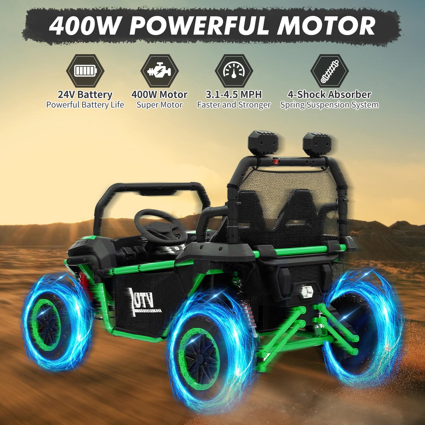 Garvee Ride - P Series: 24V 2 Seater Ride On Car, XXXL Off-Road Utv for Kids w/Metal Frame, 20 Inch Wide Seat, 400W Electric Vehicle Toy Car w/Pop Music, 3 Speeds for Boys and Girls,Green