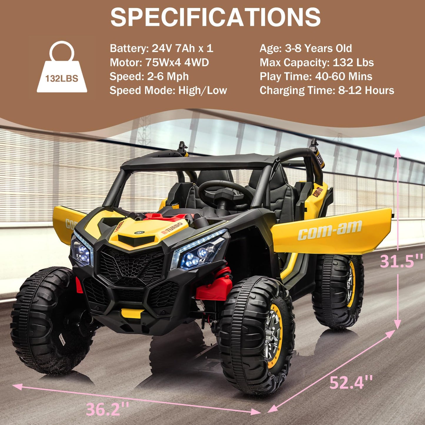 Garvee Ride - P Series: 24V 2 Seater Kids Ride on UTV Car For age 3+, w/Remote Control, 4WD Powerful Electric Vehicle with 4x75W Motors, 4 Shock Absorber, Leather Seat, Music and Light - Yellow