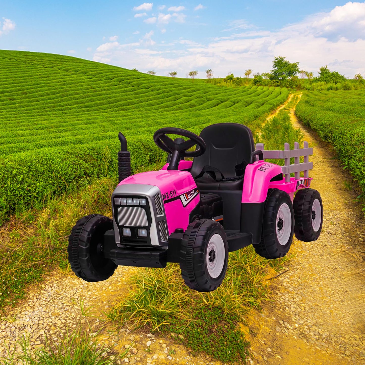 Garvee Ride - P Series: 12V Electric Tractor & Trailer for Kids, 3-6 Yrs - With RC - Rose / 35W
