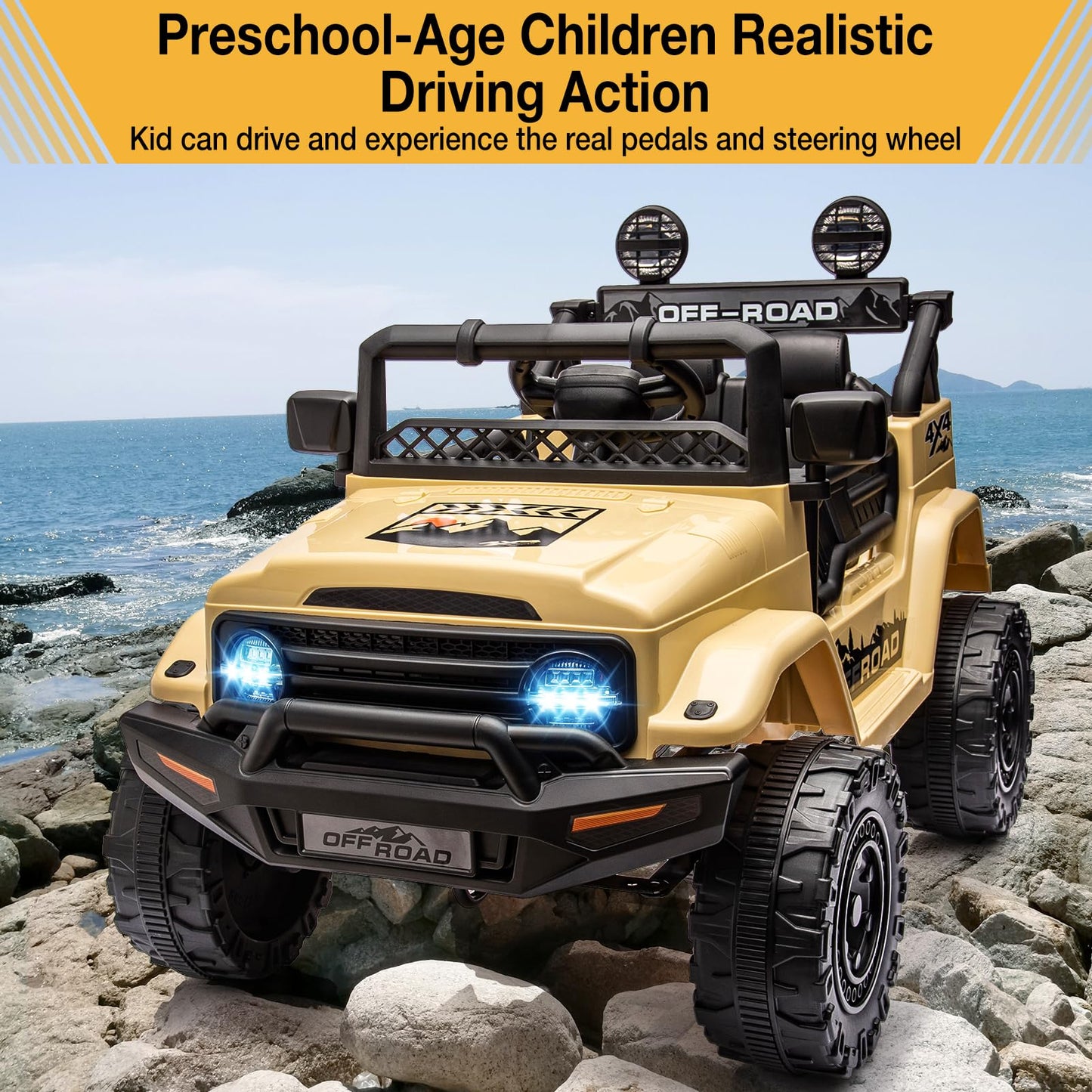 Garvee Ride - P Series: 12V Power Wheel Electric Car for Kids, Ride on Toys with Led Lights Bluetooth, 3 Speeds, Spring Suspension - Yellow