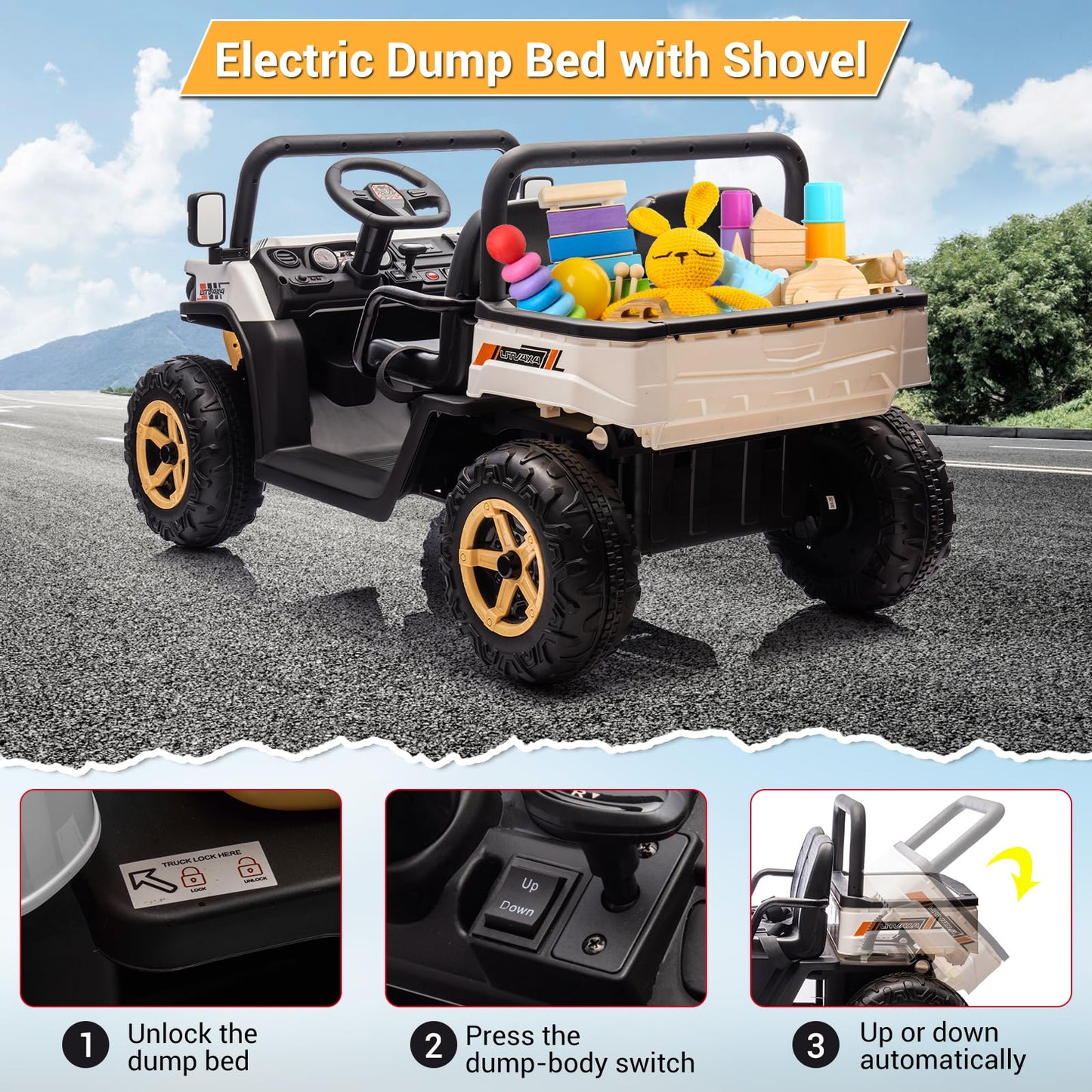 Garvee Ride - P Series: 24v Ride On Dump Truck, 2 Seater Electric Ride On Car Toy for Kids, Battery Powered UTV with 4x35W Motors, Shovel, Bluetooth, Remote Control, Music, LED Lights for Boys & Girls - White