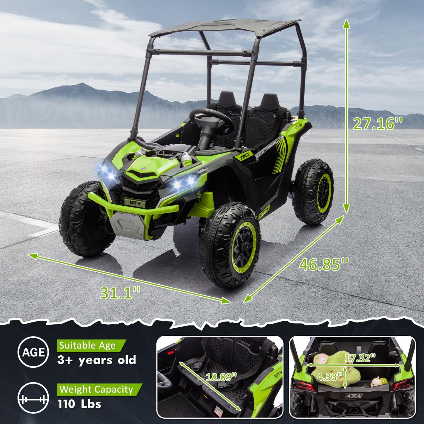 Garvee Ride - P Series: 24V Ride On Utv for Kids, 2 Seater Electric Truck With Sun Shade,4WD Electric Car Toy With Remote Control, Led Lights, 4 Shock Absorbersm,One Click Start, Music Player - Green