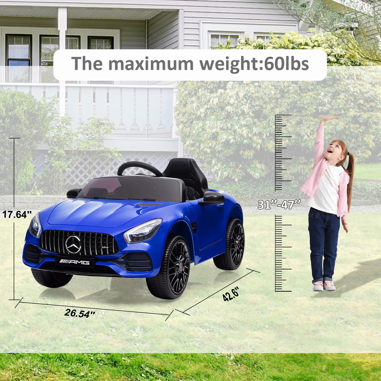 Garvee Ride Car for Kids, 12V Power Battery Electric Vehicles for 3-7 Toddlers, Licensed Mercedes-Benz with Remote Control, MP3 Player - Blue