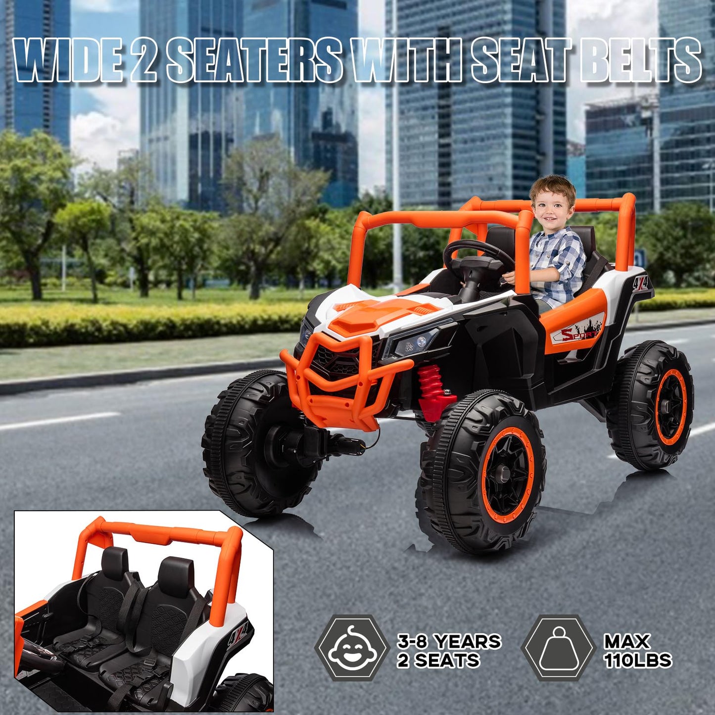 Garvee Ride - P Series: 24V 2-Seater Ride-On UTV: 4WD, Remote Control, Metal Frame, EVA Wheels, LED Lights, Spring Suspension, for Ages 3+ - Orange