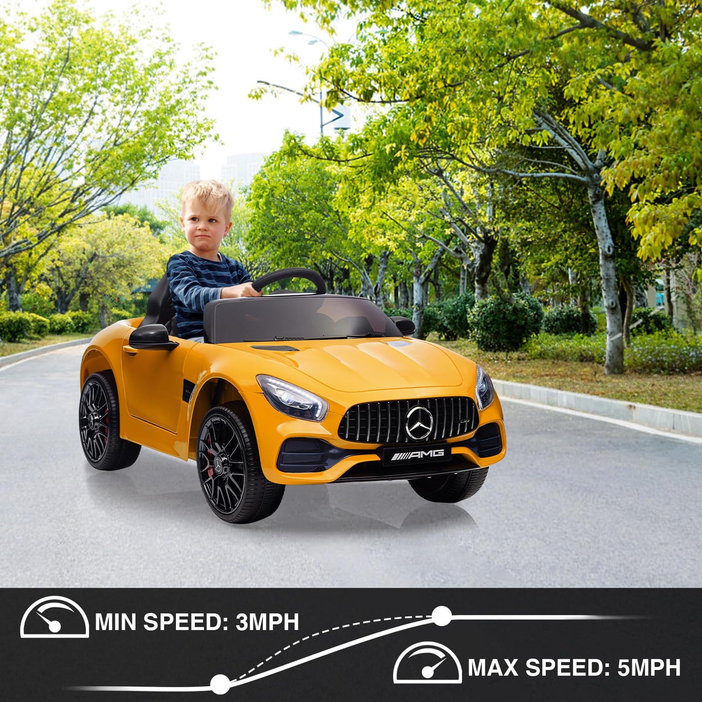 Garvee Ride Car for Kids, 12V Power Battery Electric Vehicles for 3-7 Toddlers, Licensed Mercedes-Benz with Remote Control, MP3 Player - Yellow