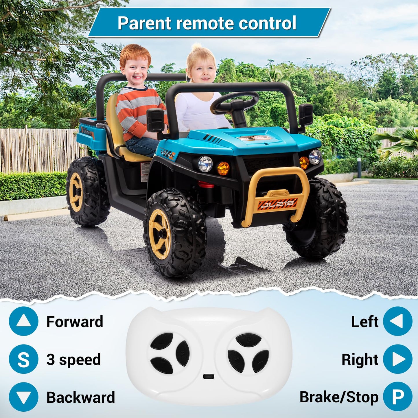 Garvee Ride - P Series: 24v Ride On Dump Truck, 2 Seater Electric Ride On Car Toy for Kids, Battery Powered UTV with 4x35W Motors, Shovel, Bluetooth, Remote Control, Music, LED Lights for Boys & Girls - Blue