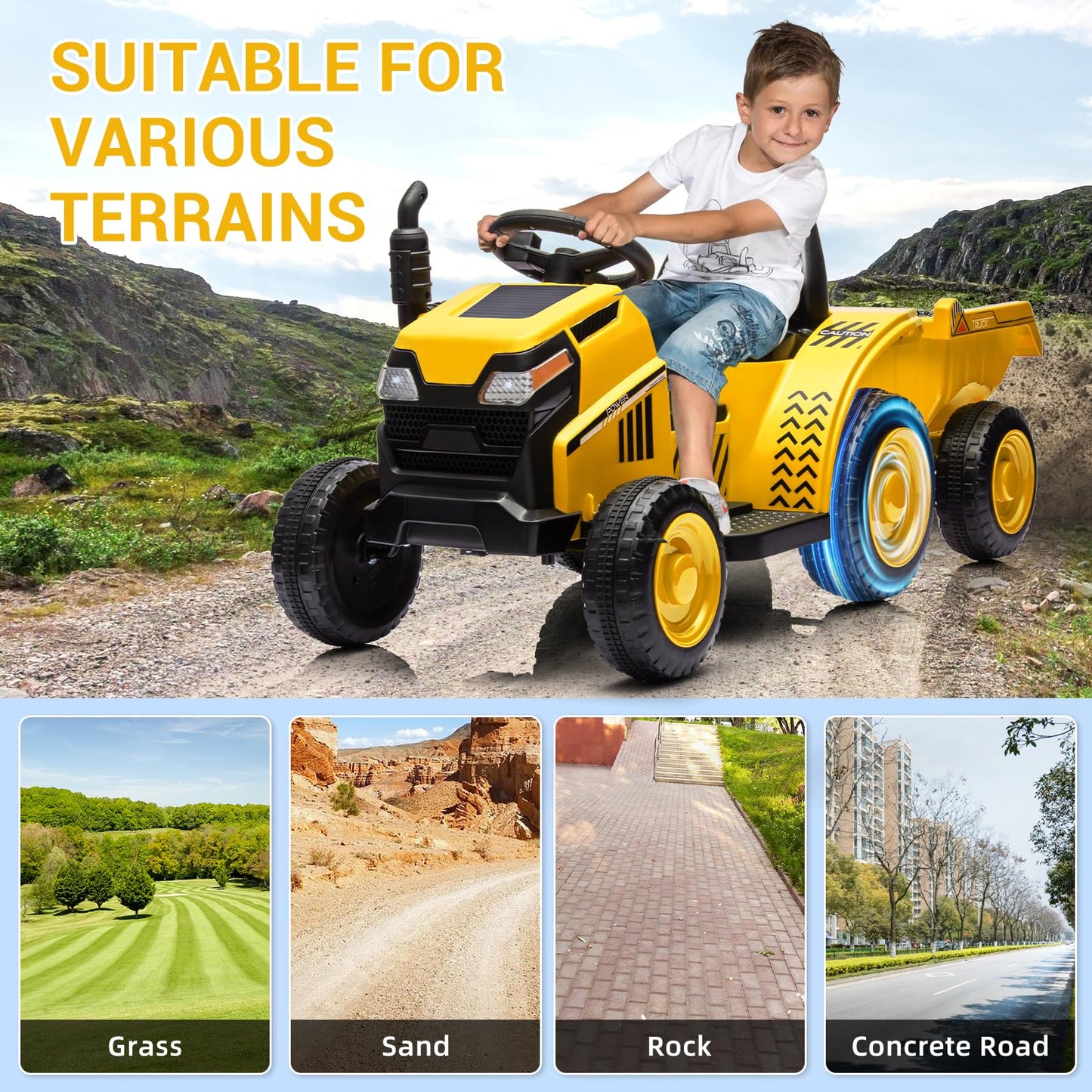 Garvee Ride - P Series: Kids Ride on Tractor with Trailer, Kids’ Electric Vehicles with Wear-Resistant Wheels, LED Headlights, Music & USB Port, Kids Ride on Car Toys for Toddlers Kids, Yellow