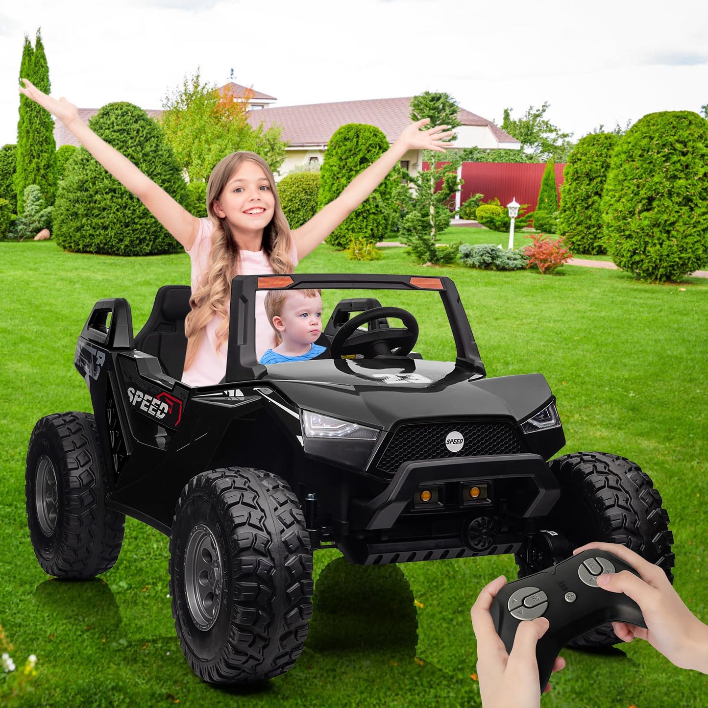 Garvee Ride - P Series: 24V 2-Seater Ride-On UTV: Remote Control, 4WD Motors, 21" Seats + Foldable Seat, 15.4" EVA Wheels, Music, LED Lights, 140lb Max Load - Black