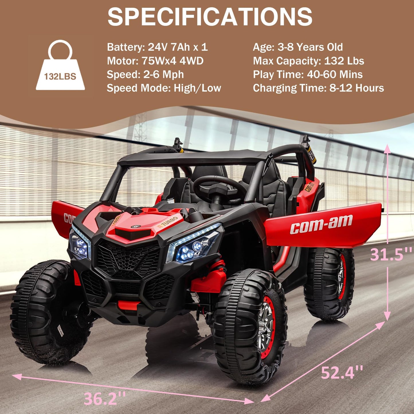 Garvee Ride - P Series: 24V 2 Seater Kids Ride on UTV Car For age 3+, w/Remote Control, 4WD Powerful Electric Vehicle with 4x75W Motors, 4 Shock Absorber, Leather Seat, Music and Light - Red