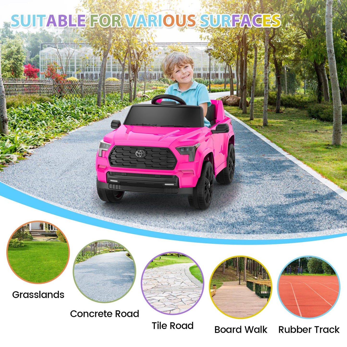 Garvee Ride on Truck Car, 12V Licensed Toyota Electric Cars for Kids, Ride on Toys with Remote Control, Spring Suspension, LED Lights, Bluetooth, 3 Speeds - Rose