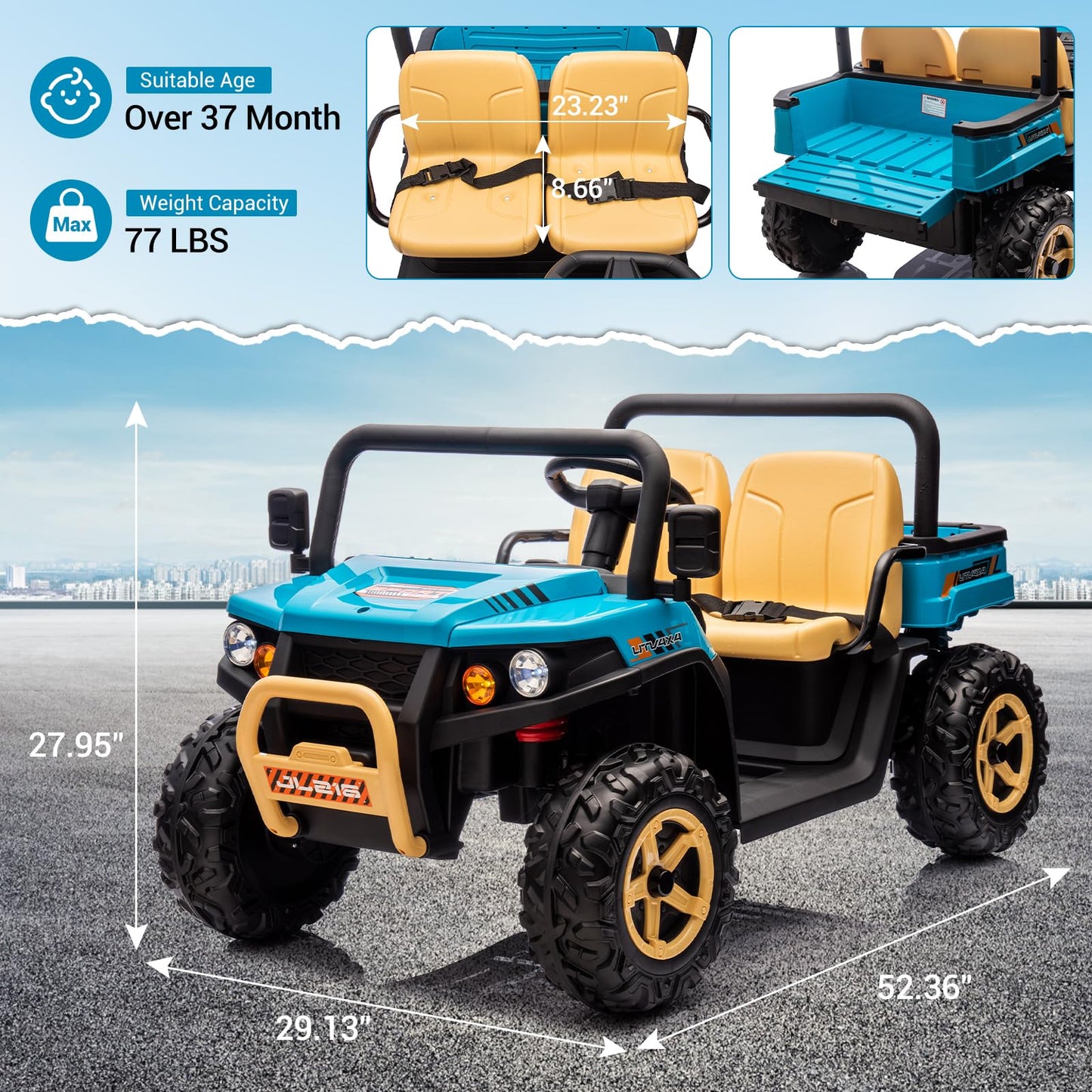 Garvee Ride - P Series: 24v Ride On Dump Truck, 2 Seater Electric Ride On Car Toy for Kids, Battery Powered UTV with 4x35W Motors, Shovel, Bluetooth, Remote Control, Music, LED Lights for Boys & Girls - Blue