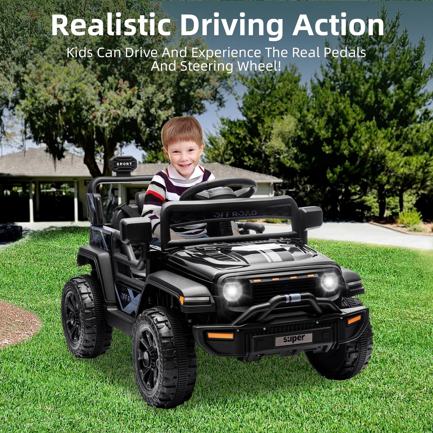 Garvee Ride - P Series: 12V Ride On Toy w/Parent Remote Control, Steering Wheel Music, 4-Wheel Spring Suspension, Led Lights, 2 Speeds, Kids Electric Vehicles for Age 3-5, Black