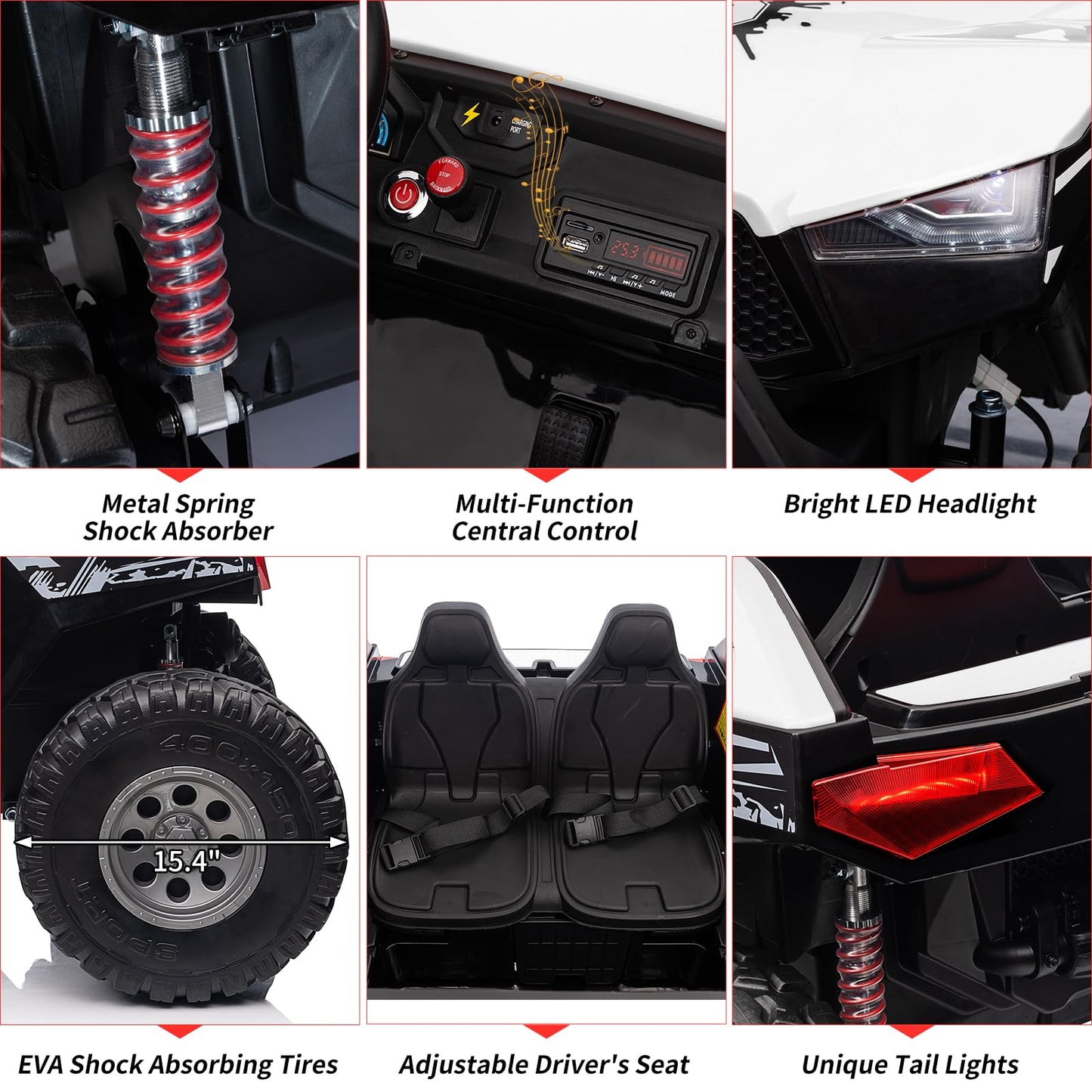 Garvee Ride - P Series: 24V 2-Seater Ride-On UTV: Remote Control, 4WD Motors, 21" Seats + Foldable Seat, 15.4" EVA Wheels, Music, LED Lights, 140lb Max Load - White