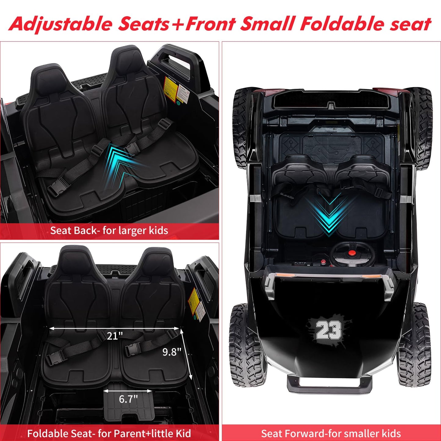 Garvee Ride - P Series: 24V 2-Seater Ride-On UTV: Remote Control, 4WD Motors, 21" Seats + Foldable Seat, 15.4" EVA Wheels, Music, LED Lights, 140lb Max Load - Black
