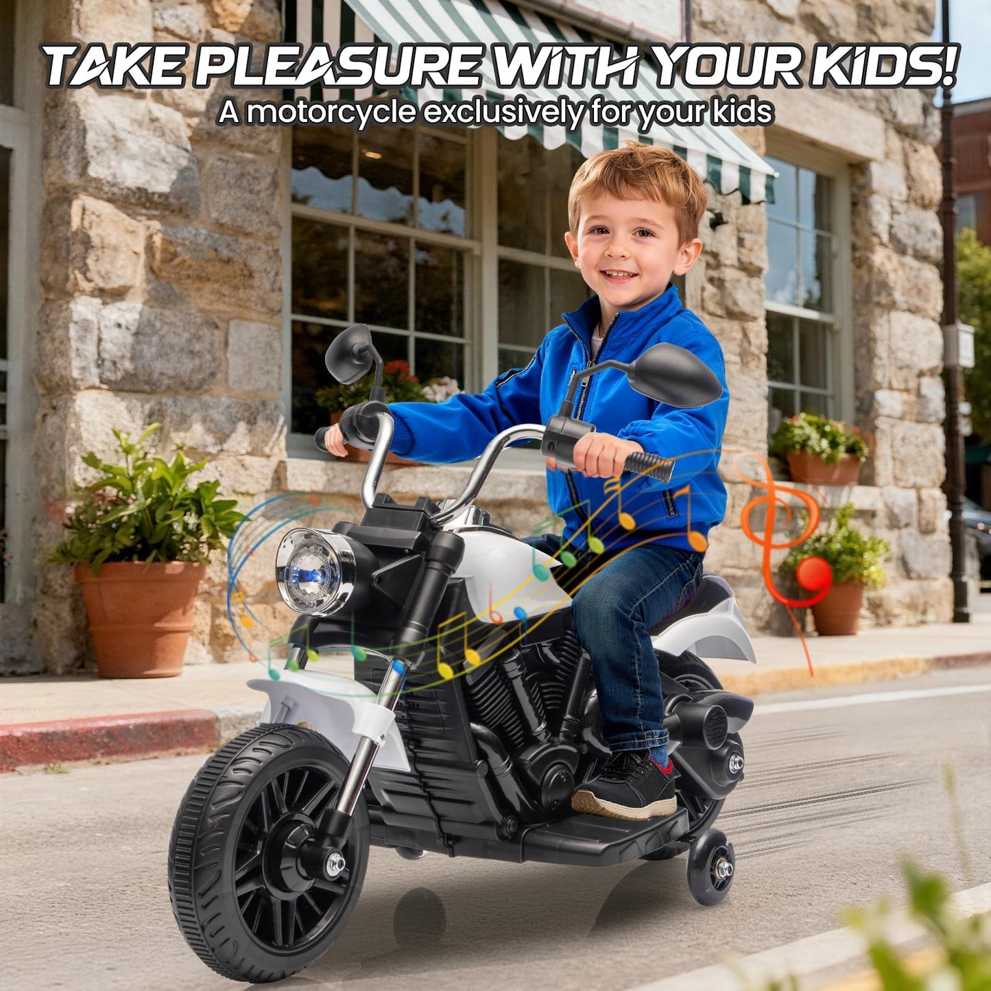 Garvee Ride - P Series: 12V Electric Motorcycle for Kids, 3-Wheel Ride-On Toy with Detachable Training Wheels, White, Toddler Outdoor Ride-On