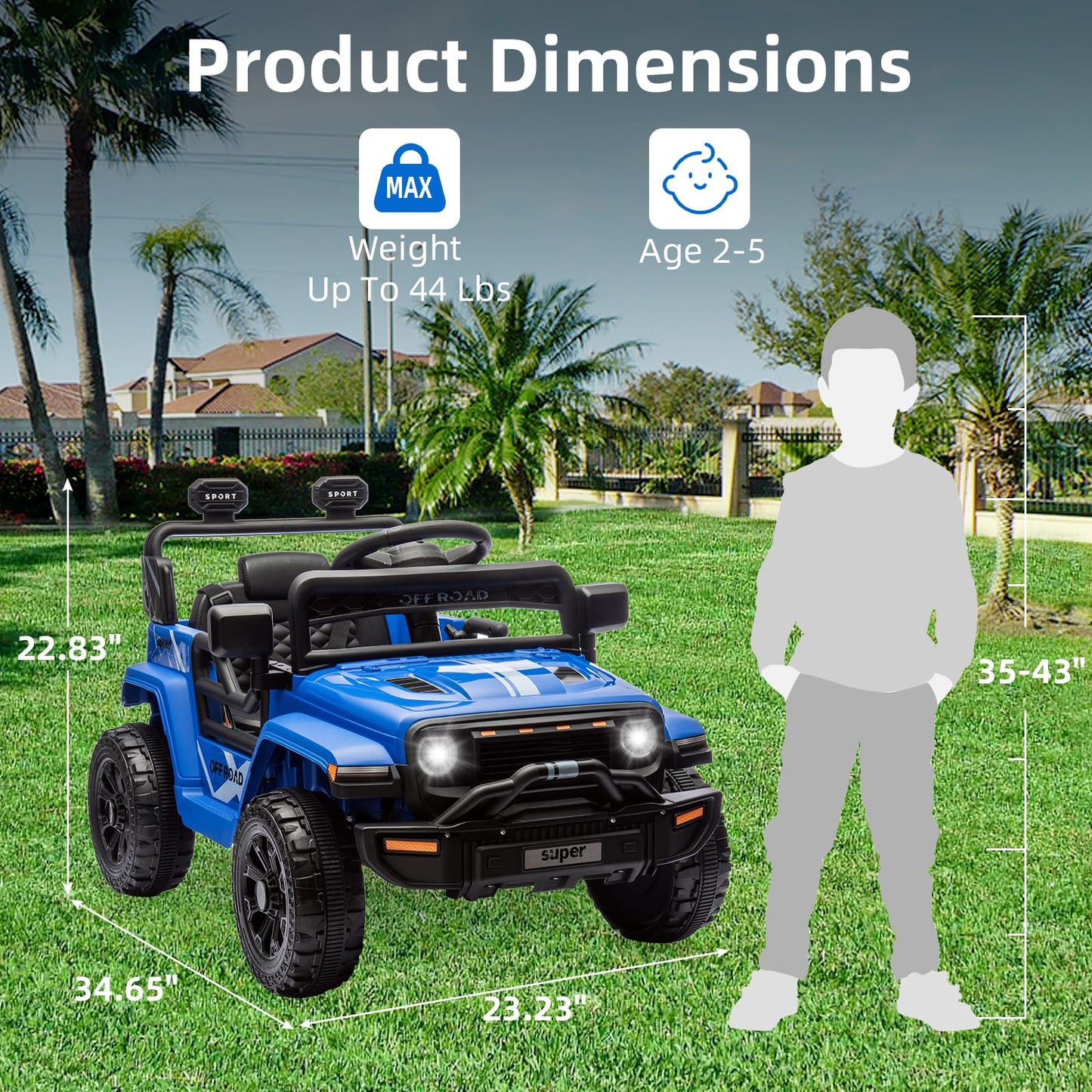 Garvee Ride - P Series: 12V Ride On Toy w/Parent Remote Control, Steering Wheel Music, 4-Wheel Spring Suspension, Led Lights, 2 Speeds, Kids Electric Vehicles for Age 3-5, Blue