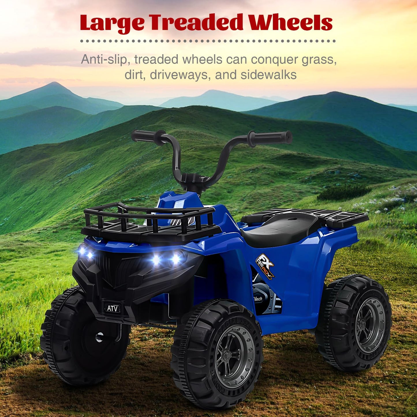 Garvee Ride - P Series: 12V Kids Ride On Electric Quad ATV, Ride Car Toy with Bluetooth Audio,High/Low Speed, LED Headlights, Battery Indicator & Radio Orange - Blue