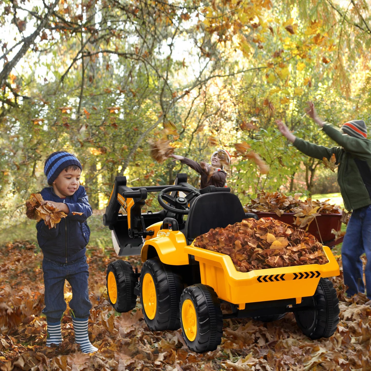 Garvee Ride - P Series: 12V 3 in 1 Ride on Excavator & Tractor with Detachable Trailer, Ride on Car Toy with Remote Control, Digger, LED Lights, Music, Kids Electric Vehicles for Boys Girls, Yellow