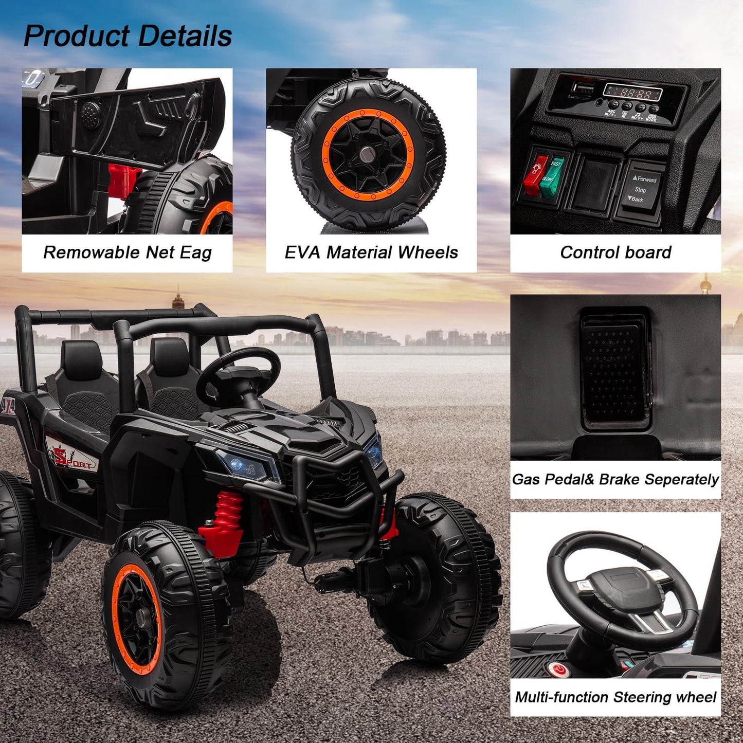 Garvee Ride - P Series: 2 Seater Ride on Car,12V Battery Powered Off-Road UTV Toy,Electric Car with Remote Control,Metal Frame,EVA Wheels,LED,Spring Suspension for 3-8 Boys&Girls - Black