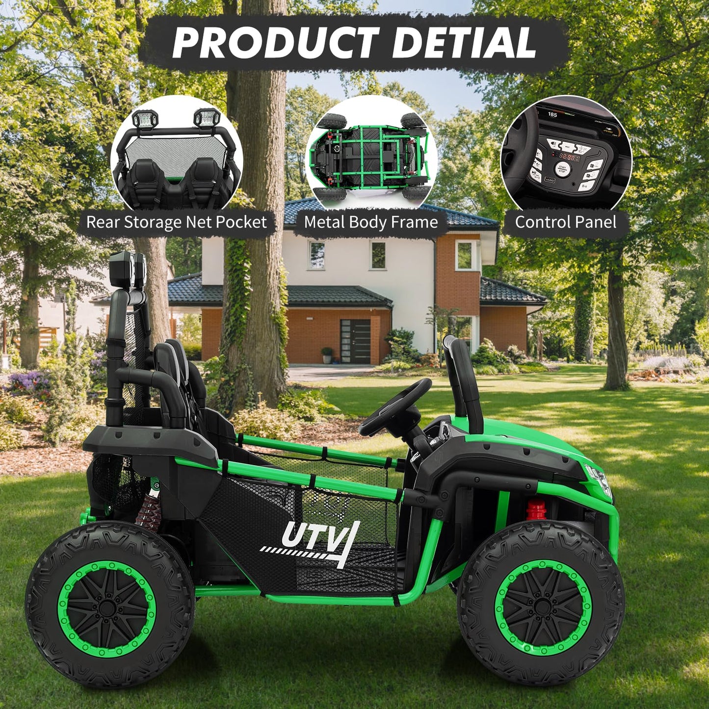 Garvee Ride - P Series: 24V 2 Seater Ride On Car, XXXL Off-Road Utv for Kids w/Metal Frame, 20 Inch Wide Seat, 400W Electric Vehicle Toy Car w/Pop Music, 3 Speeds for Boys and Girls,Green