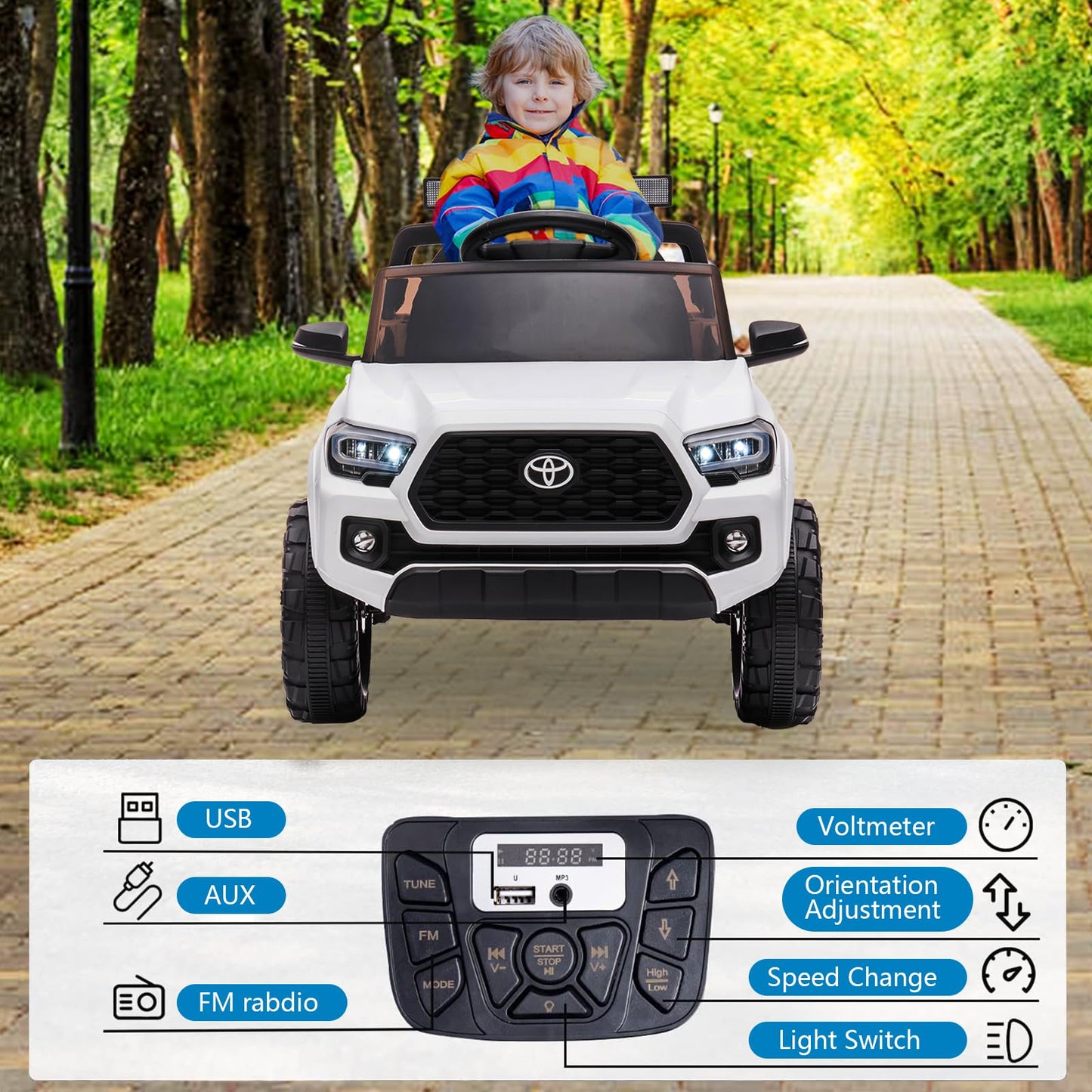 Garvee Ride - P Series: 12V Toyota Tacoma Kids Car, Spring Suspension, with LED Light - White
