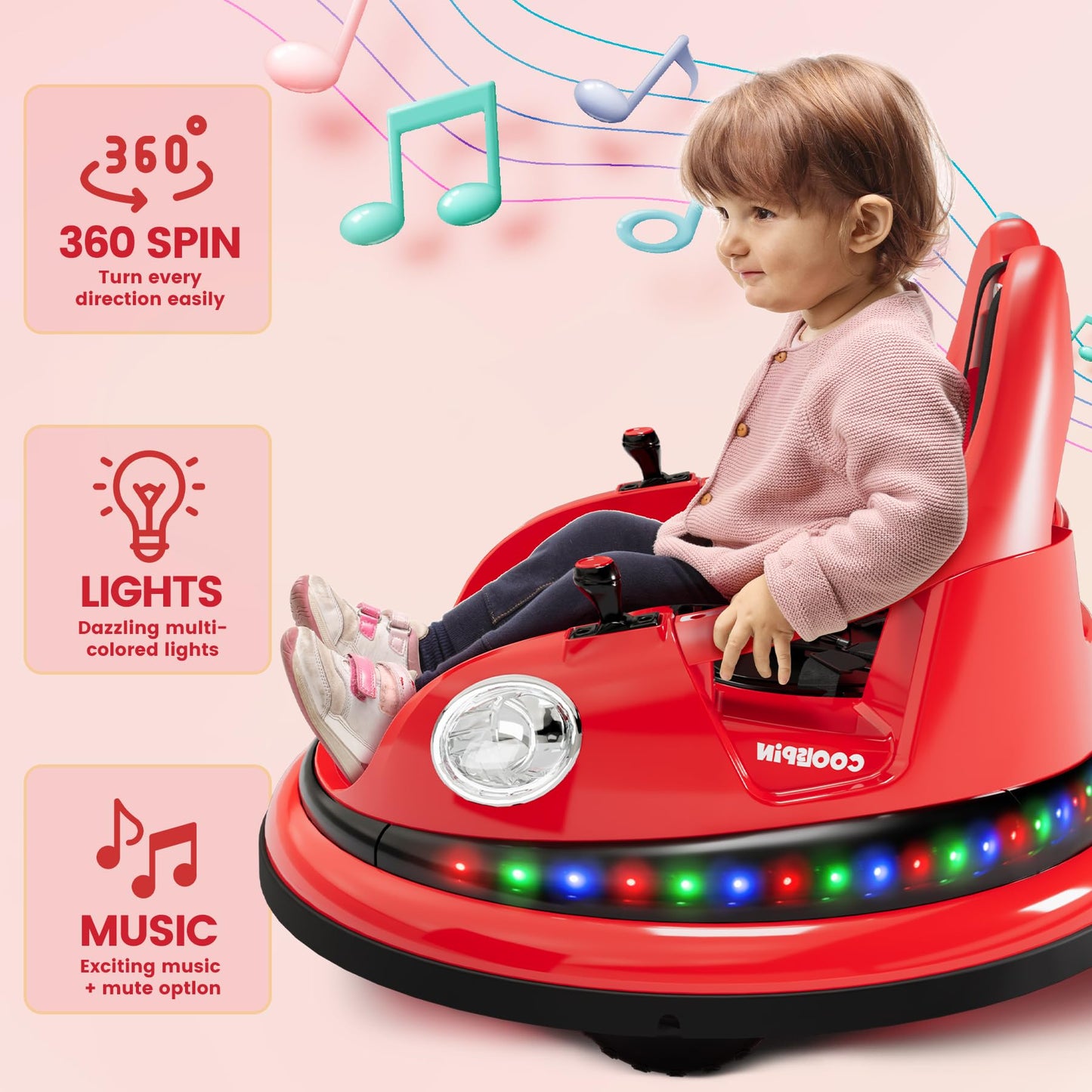 Garvee Ride - P Series: 12V Ride on Toddler Bumping Car W/Remote Control, LED Lights & 360 Degree Spin, ASTM Certified - Red