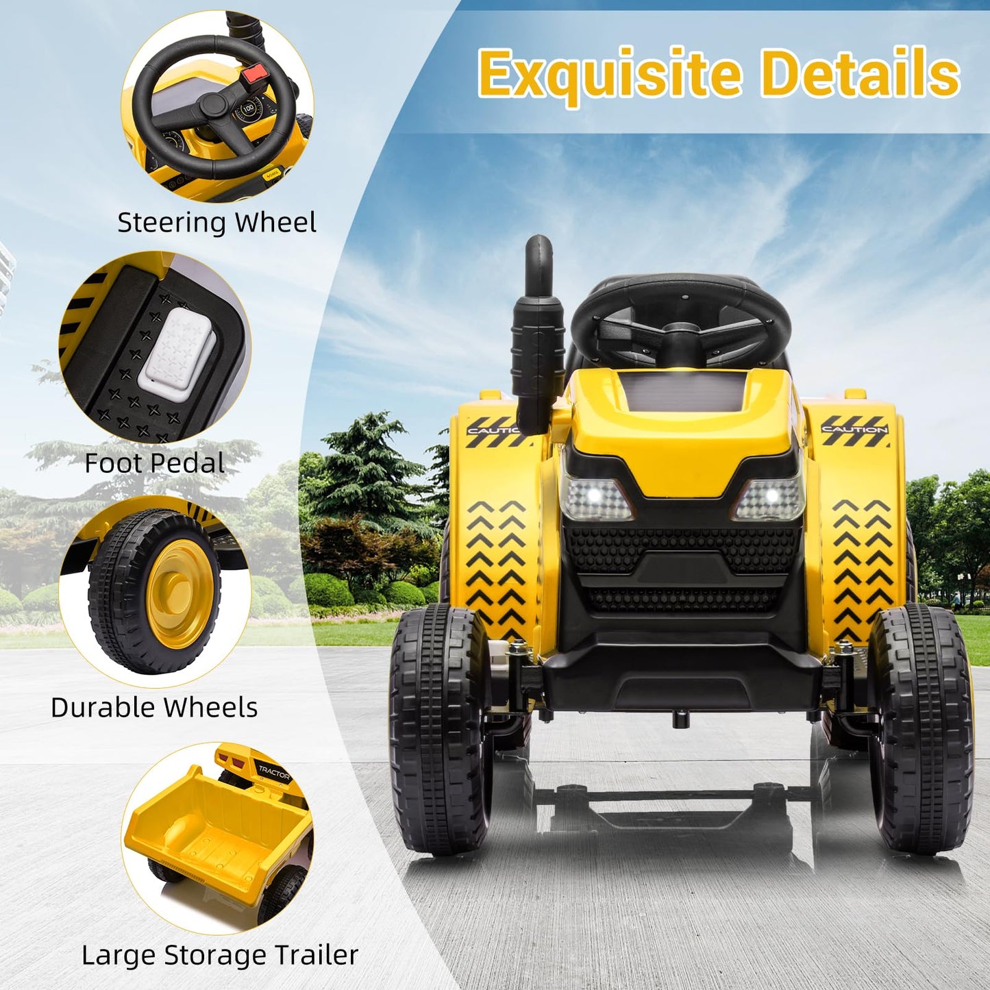 Garvee Ride - P Series: Kids Ride on Tractor with Trailer, Kids’ Electric Vehicles with Wear-Resistant Wheels, LED Headlights, Music & USB Port, Kids Ride on Car Toys for Toddlers Kids, Yellow
