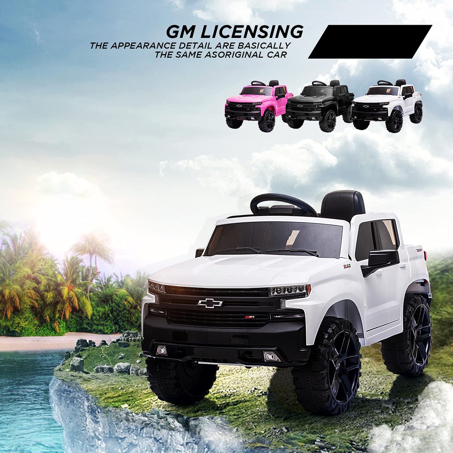 Garvee Ride - P Series: 12V Ride on Car with Remote Control, Battery Powered Licensed Chevrolet Silverado GMC Kids Ride On Truck, Toddler Electric Vehicles Toys,Music,FM,Bluetooth, Spring Suspension, LED Light - White