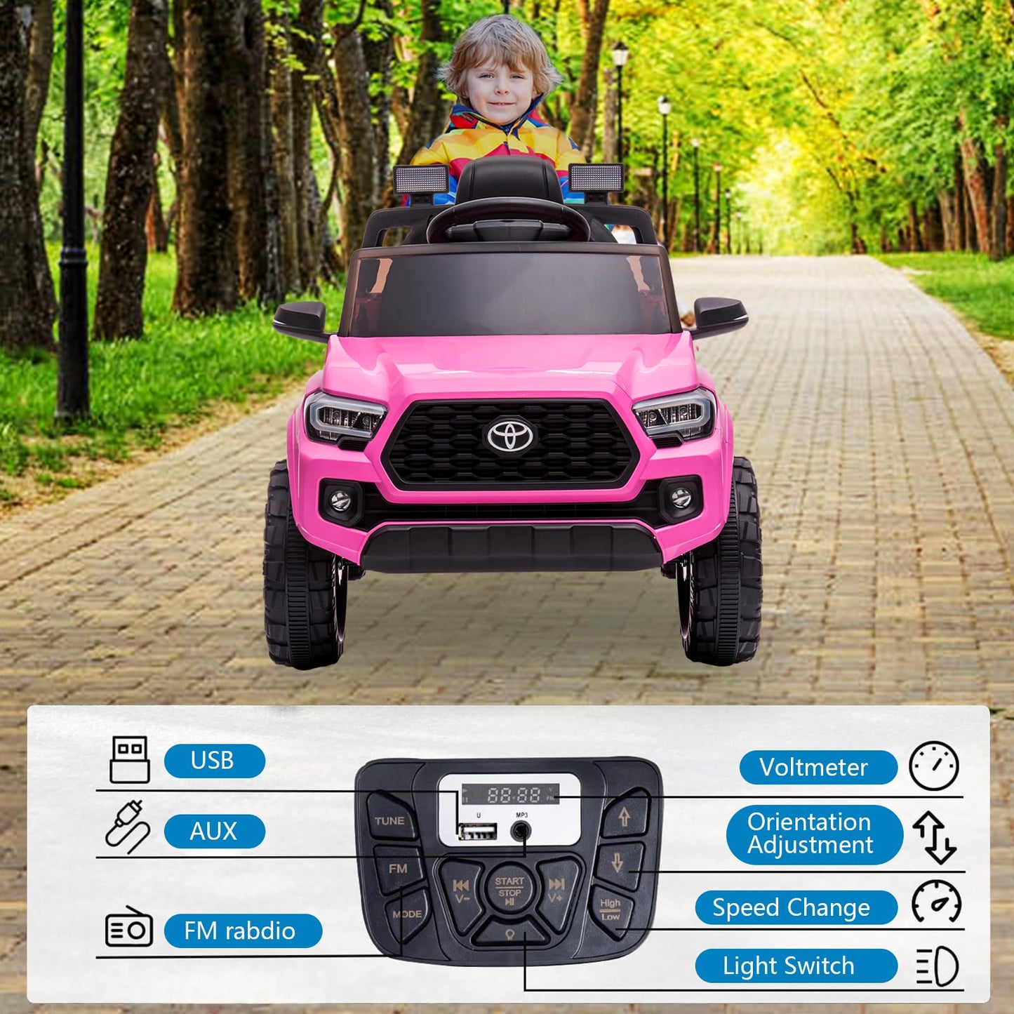 Garvee Ride - P Series: 12V Toyota Tacoma Kids Car, Spring Suspension, with LED Light - Pink