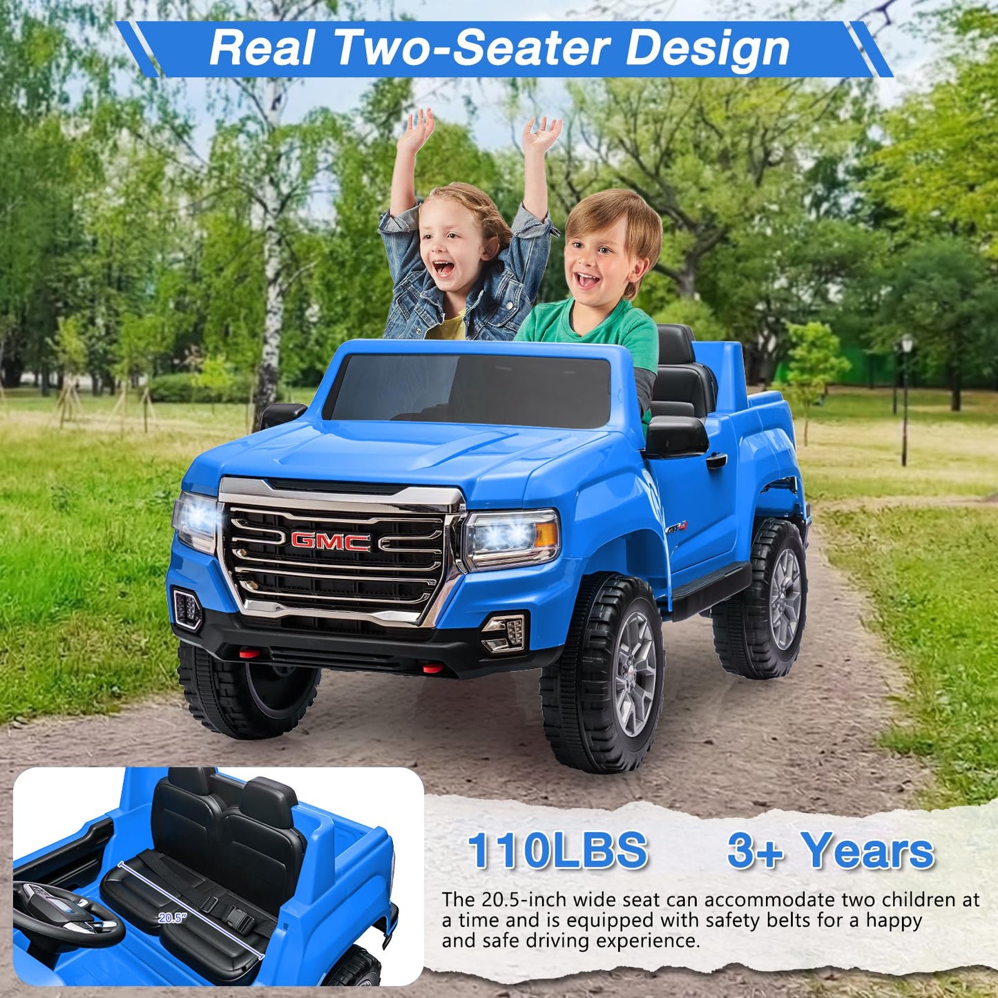 Garvee Ride - P Series: 24V 2-Seater Ride On Truck Car, Licensed GMC Battery Powered Electric Kids Car with Remote Control, LED Lights, MP3, 2 * 200W Motor, 20.5" Large Seat, Ride On Toys for Kids,Blue