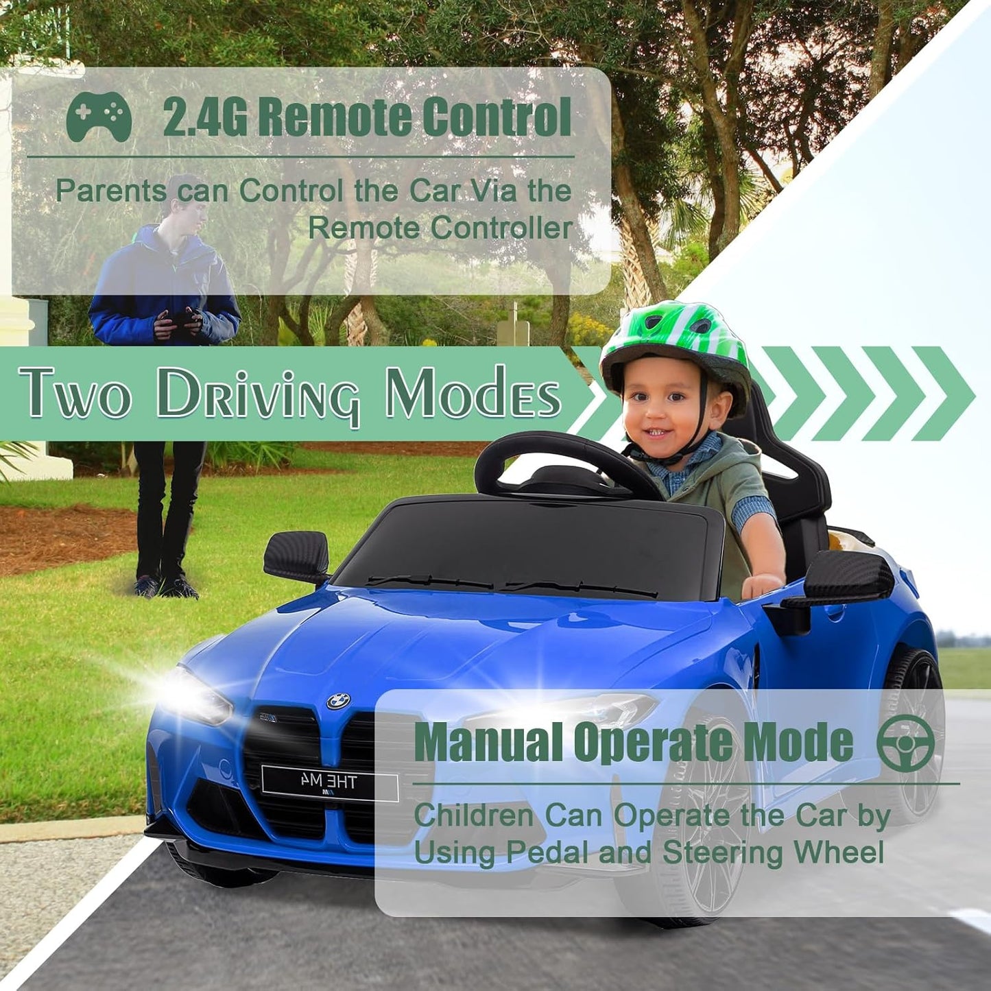 Garvee Ride - P Series: 12V Electric Ride On Car for 37-83 Months, w/RC,Licensed by BMW M4,Power Wheels for Boys Girls, with Suspension System,3 Speeds, Bluetooth, MP3, Double Door, LED Light - Blue