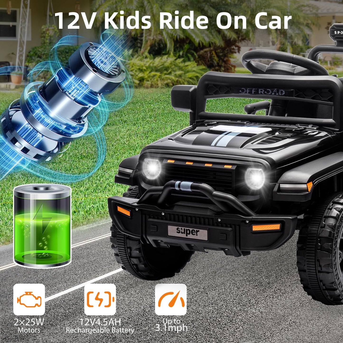 Garvee Ride - P Series: 12V Ride On Toy w/Parent Remote Control, Steering Wheel Music, 4-Wheel Spring Suspension, Led Lights, 2 Speeds, Kids Electric Vehicles for Age 3-5, Black