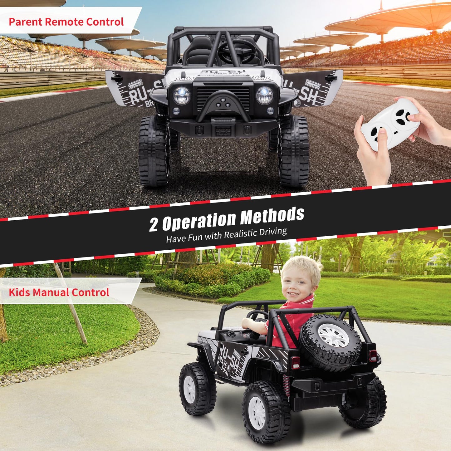 Garvee Ride - P Series: 2-Seater Ride On Truck for Kid, 24V Battery Powered Kids Car with Remote Control, 19" Extra Wide Seat, 2 Motors, Led Light, Enhanced Suspension - White
